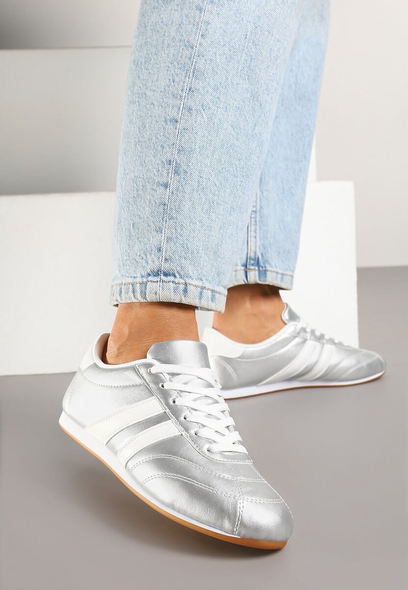 Srebrno-Białe Sneakersy Typu Tenisówki z Paseczkami Liantina