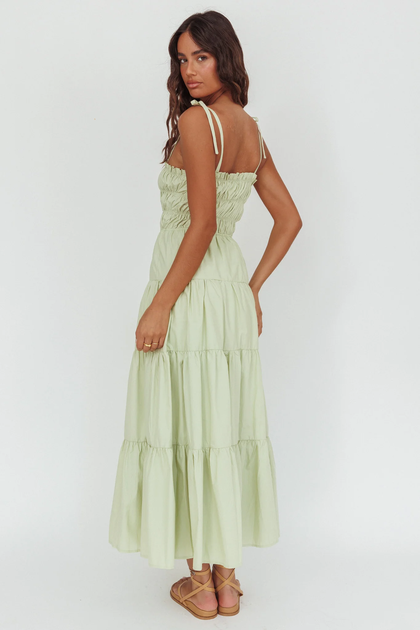 Anderson Tied Shoulder Smocked Bodice Maxi Dress Sage