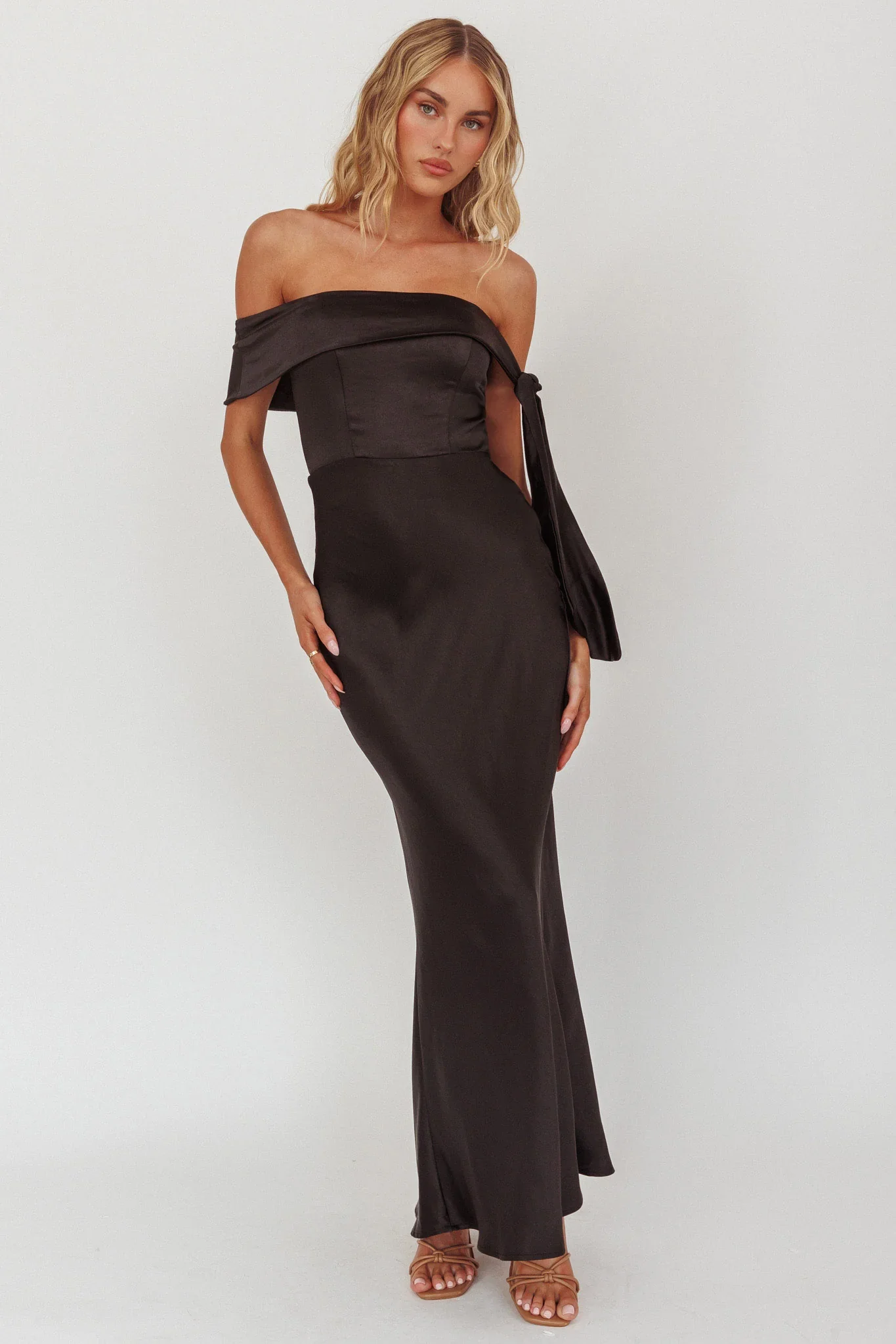 Aurora Sky Off-Shoulder Tie Maxi Dress Satin Black