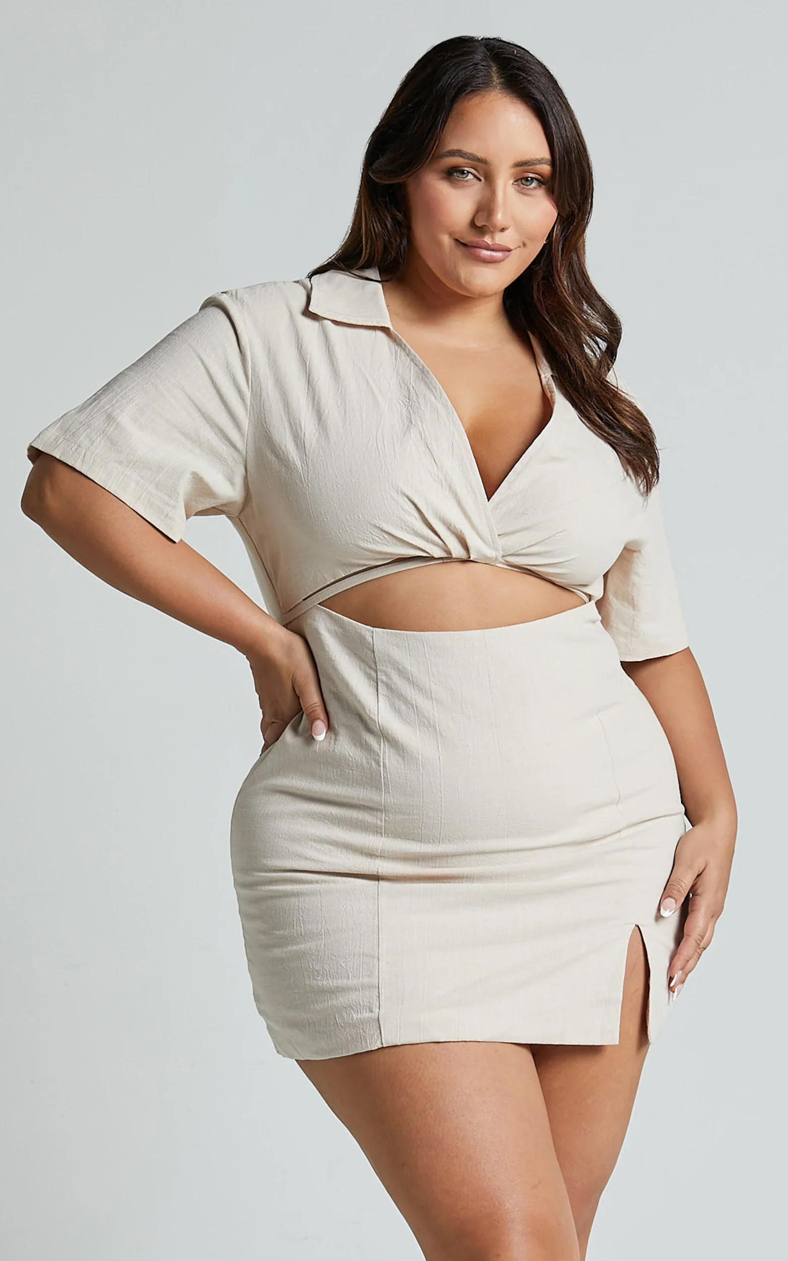 Marsha Mini Dress - Cut Out Short Sleeve Dress in Natural