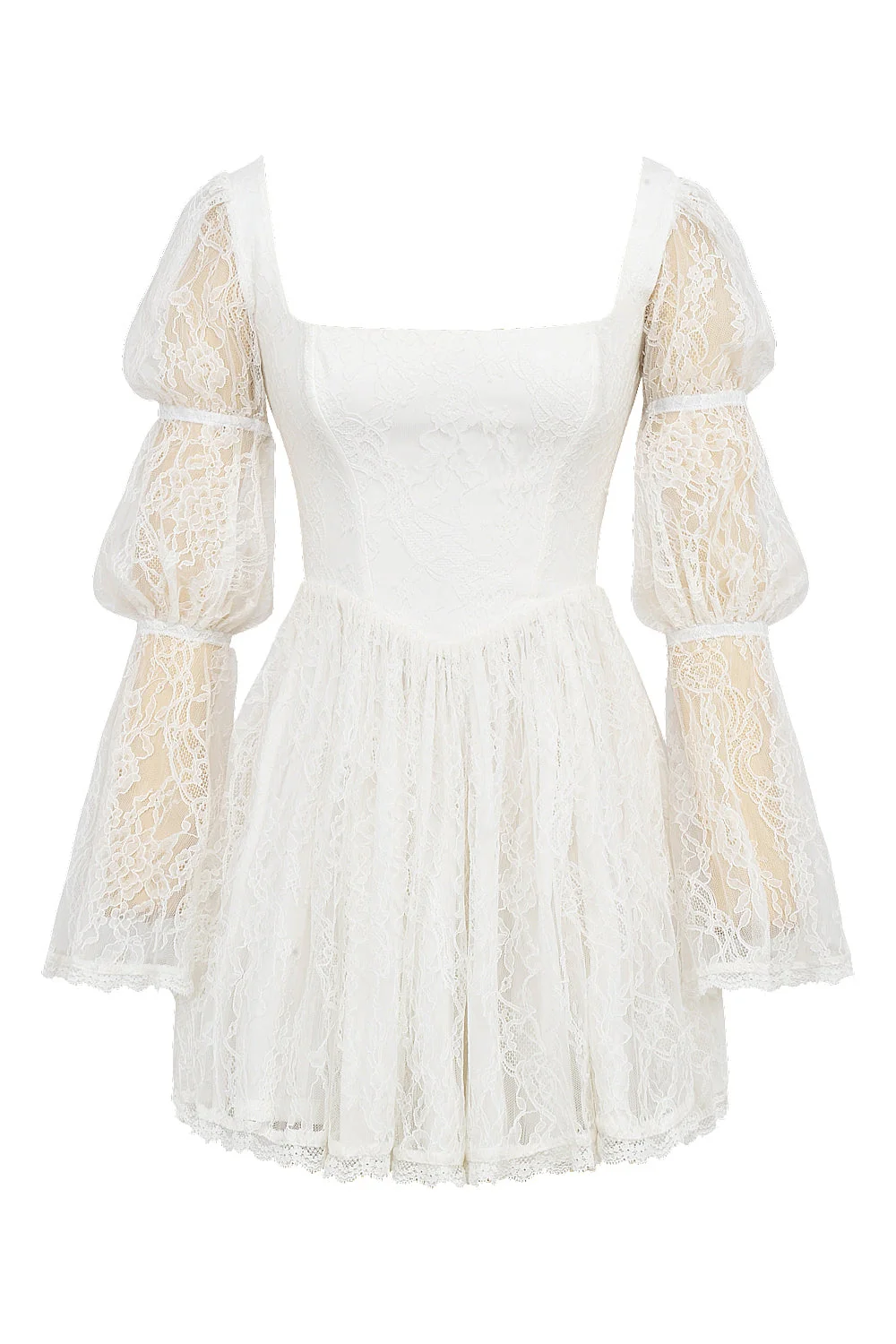 white lace puff sleeve mini dress