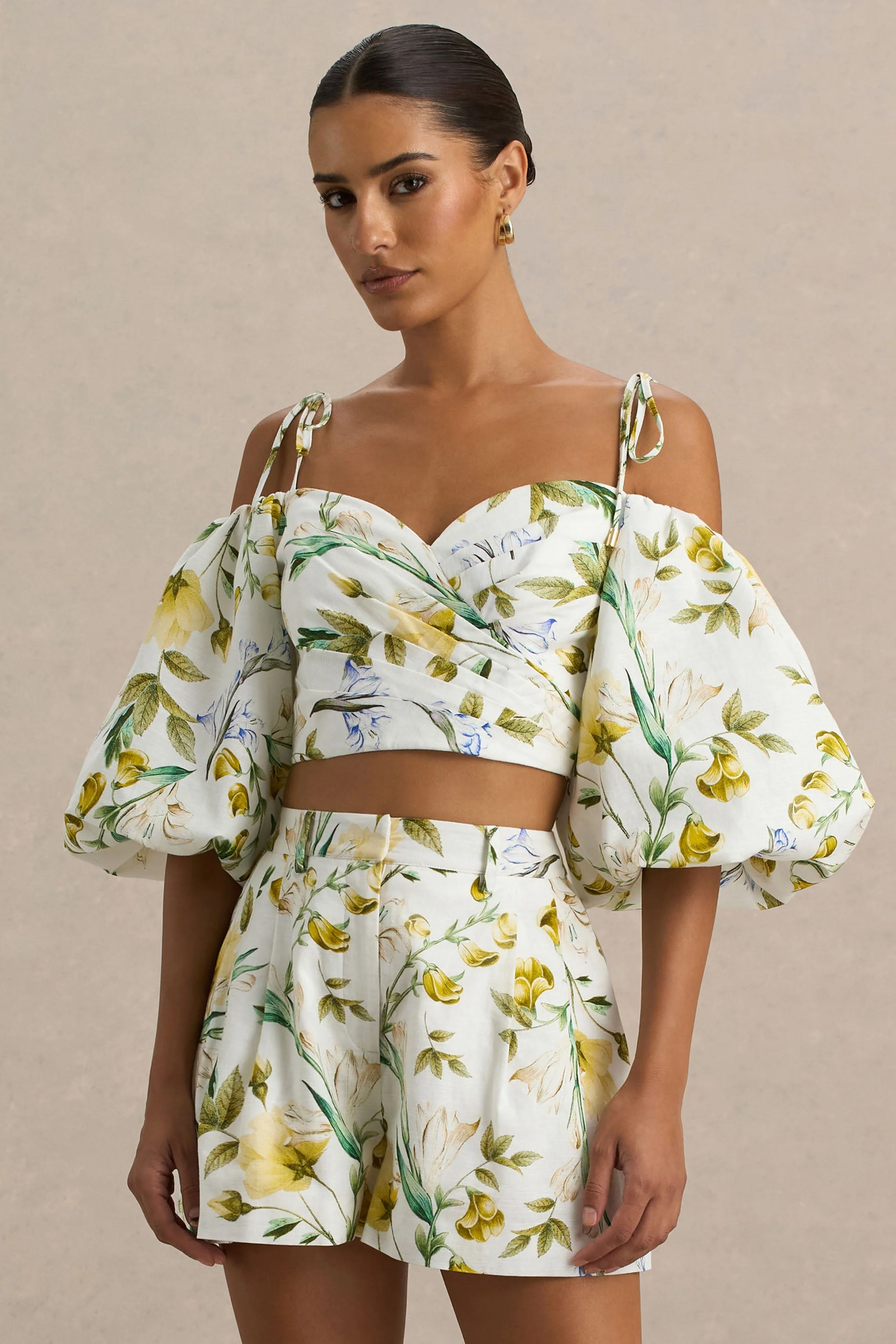 Amberly | White Linen Botanical Print Plunge-Neck Ruffled Crop Top
