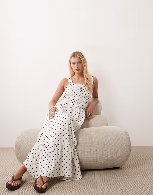 Miss Selfridge polka dot seersucker shirred detail maxi dress