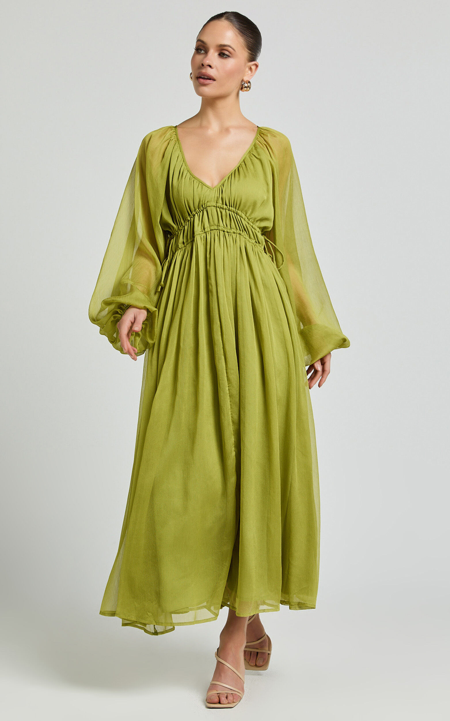 Roxanna Maxi Dress - Long Sleeve Ruched Waist Dress in Green