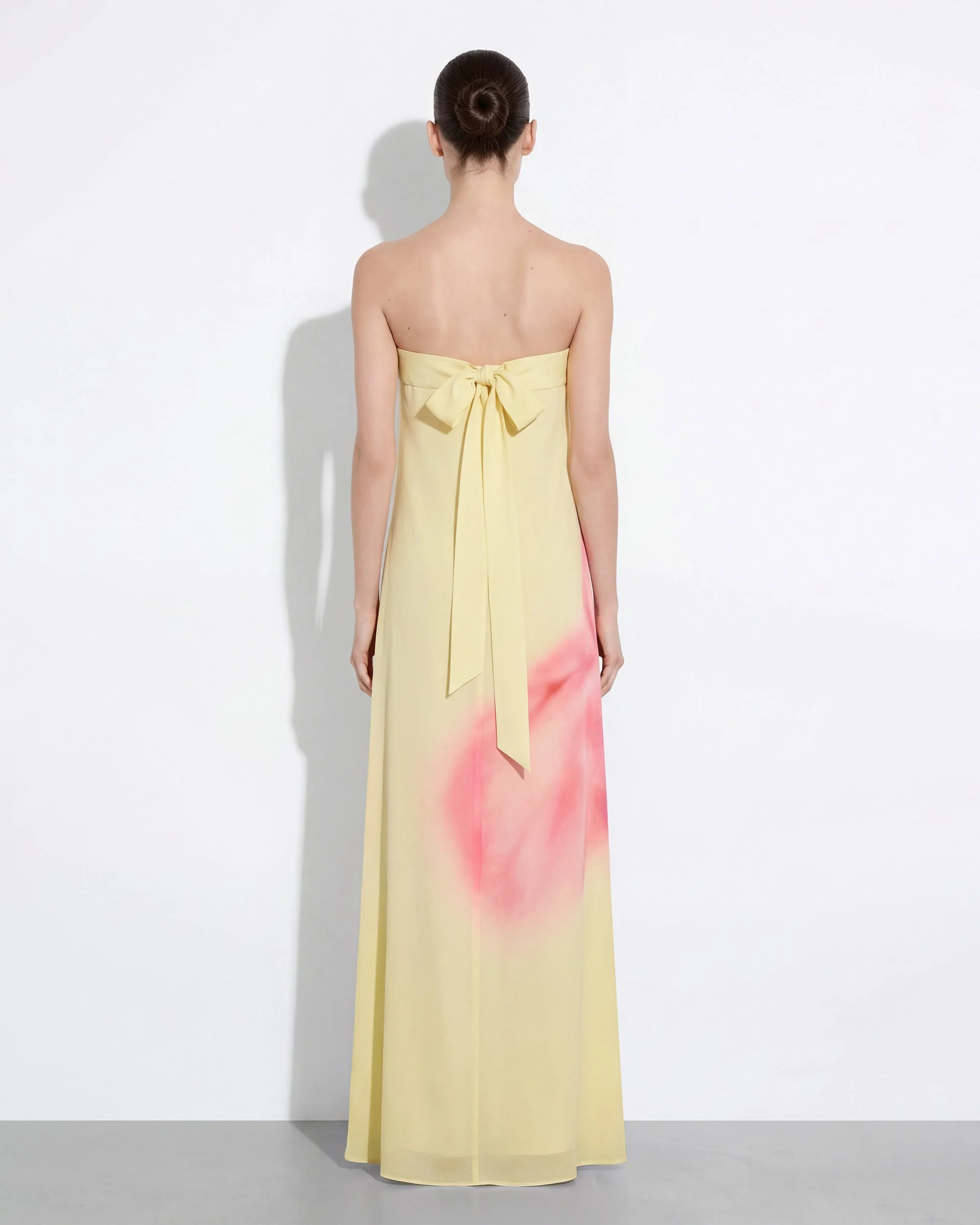 Watercolor Floral Print Strapless Maxi Dress - Yellow - FASHION NOB