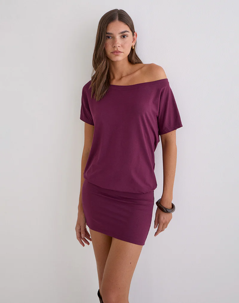Edwina Off the Shoulder Mini Dress in Deep Purple