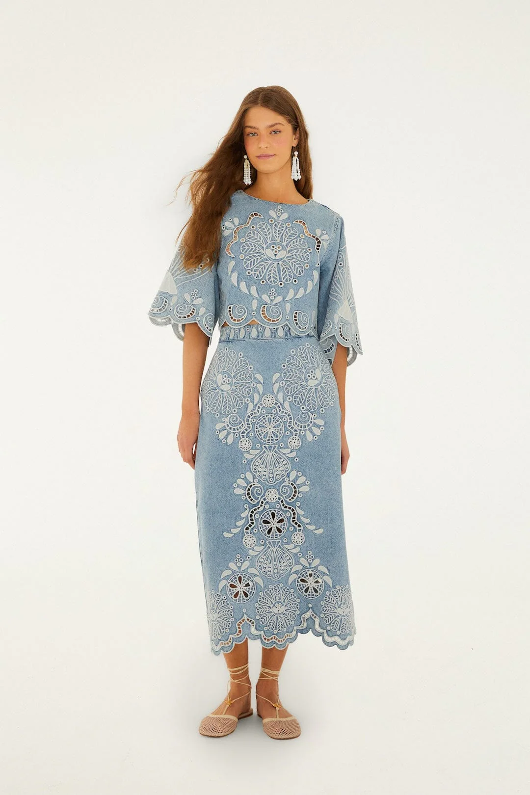 FARM Rio Denim Richelieu Kimono Sleeves Cropped Blouse