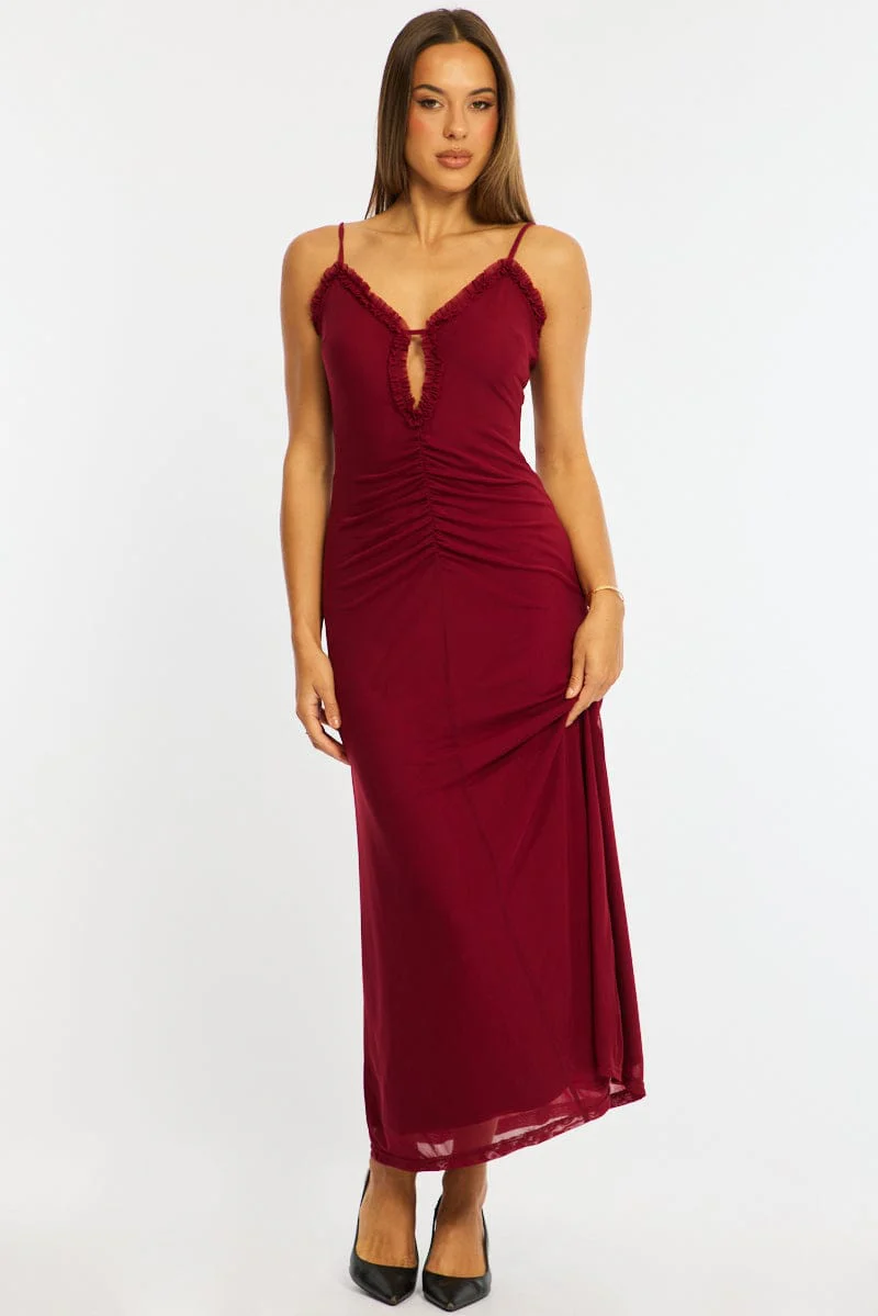 Red Maxi Dress Cut Out Detail Mesh