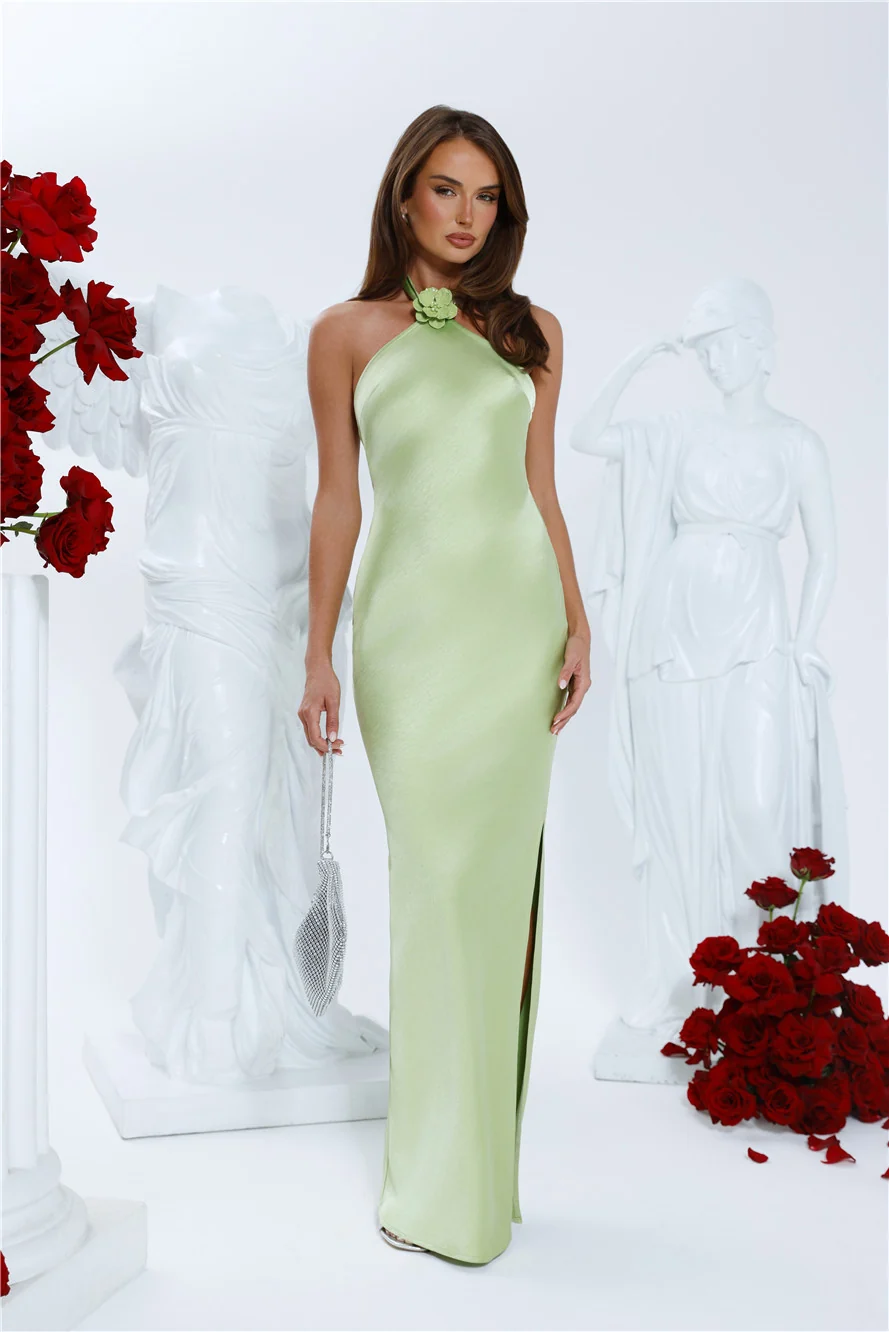 Clover Fields Satin Halter Maxi Dress Lime