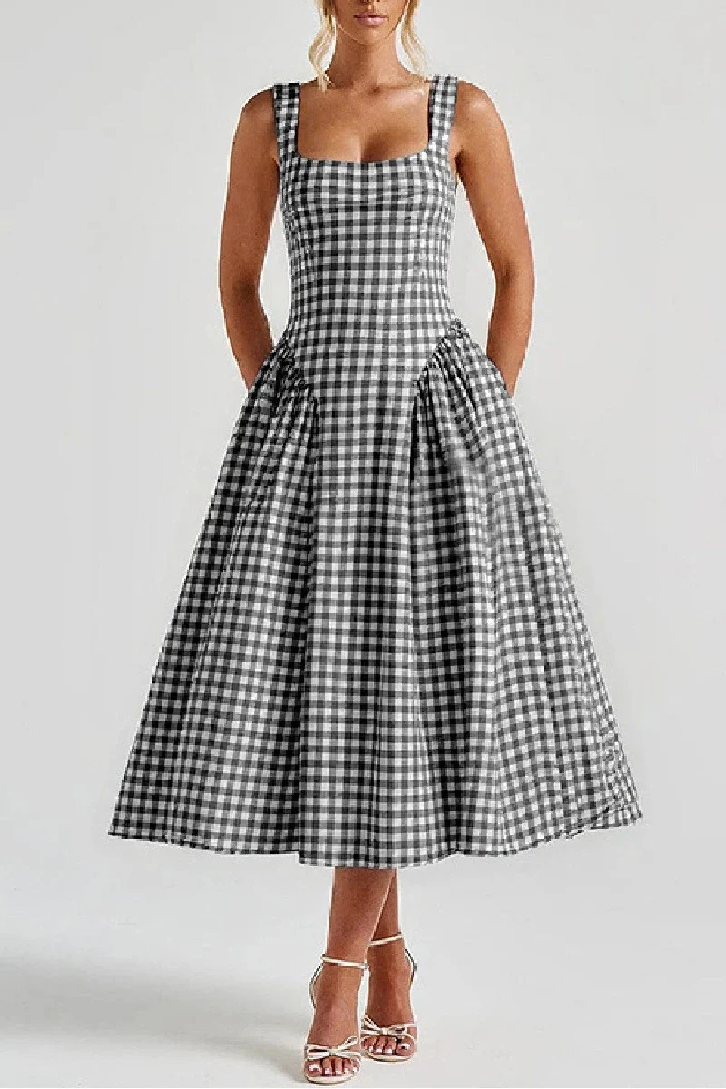 A-Line Tea Length Printed Cotton Wedding Guest Dress 1040459988093