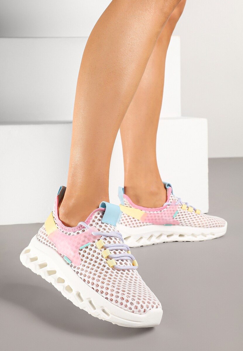 Biało-Różowe Buty Sportowe Sneakersy Siateczkowe na Tłoczonej Platformie Lurilia