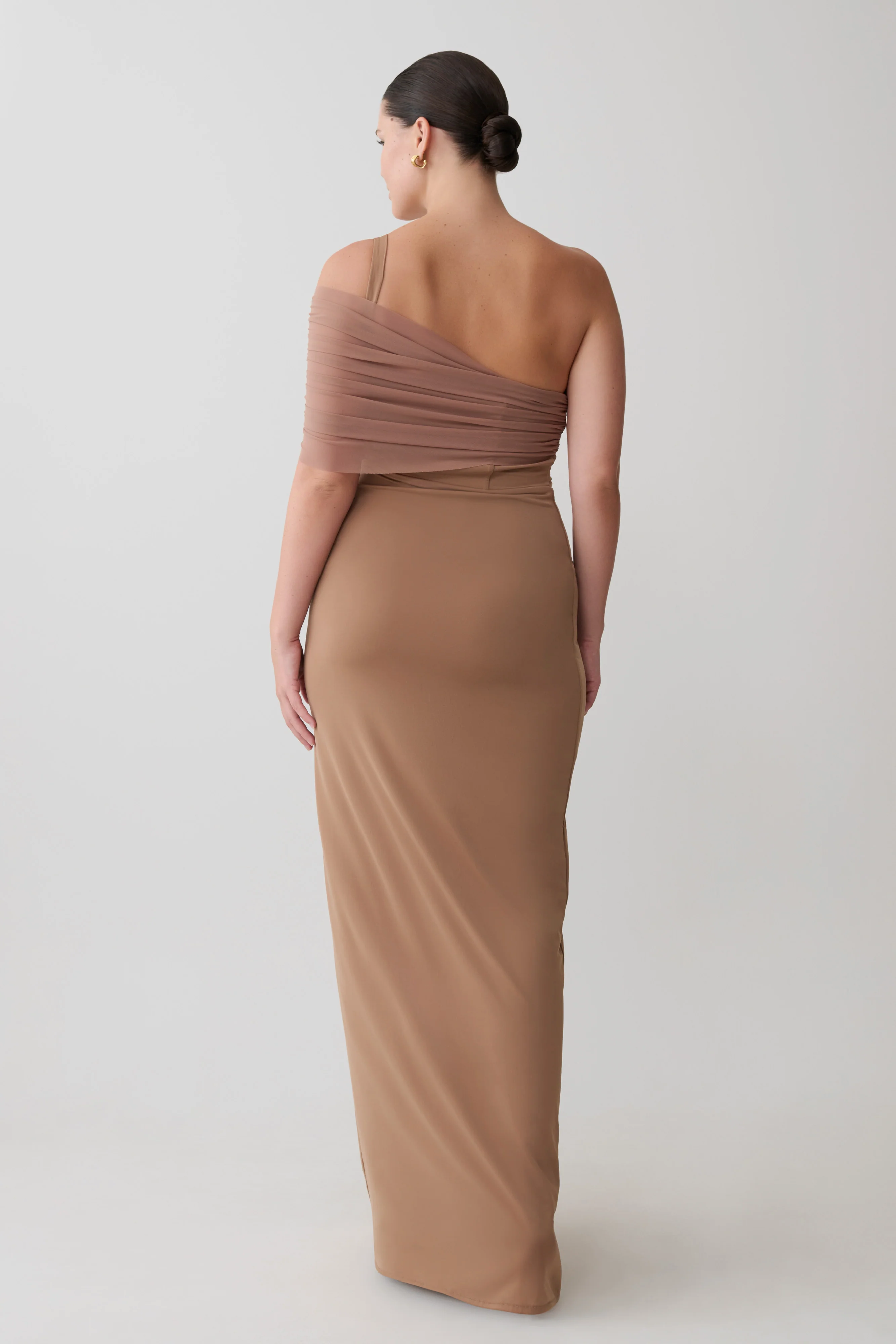 Hanh One Shoulder Mesh Maxi Dress - Tan