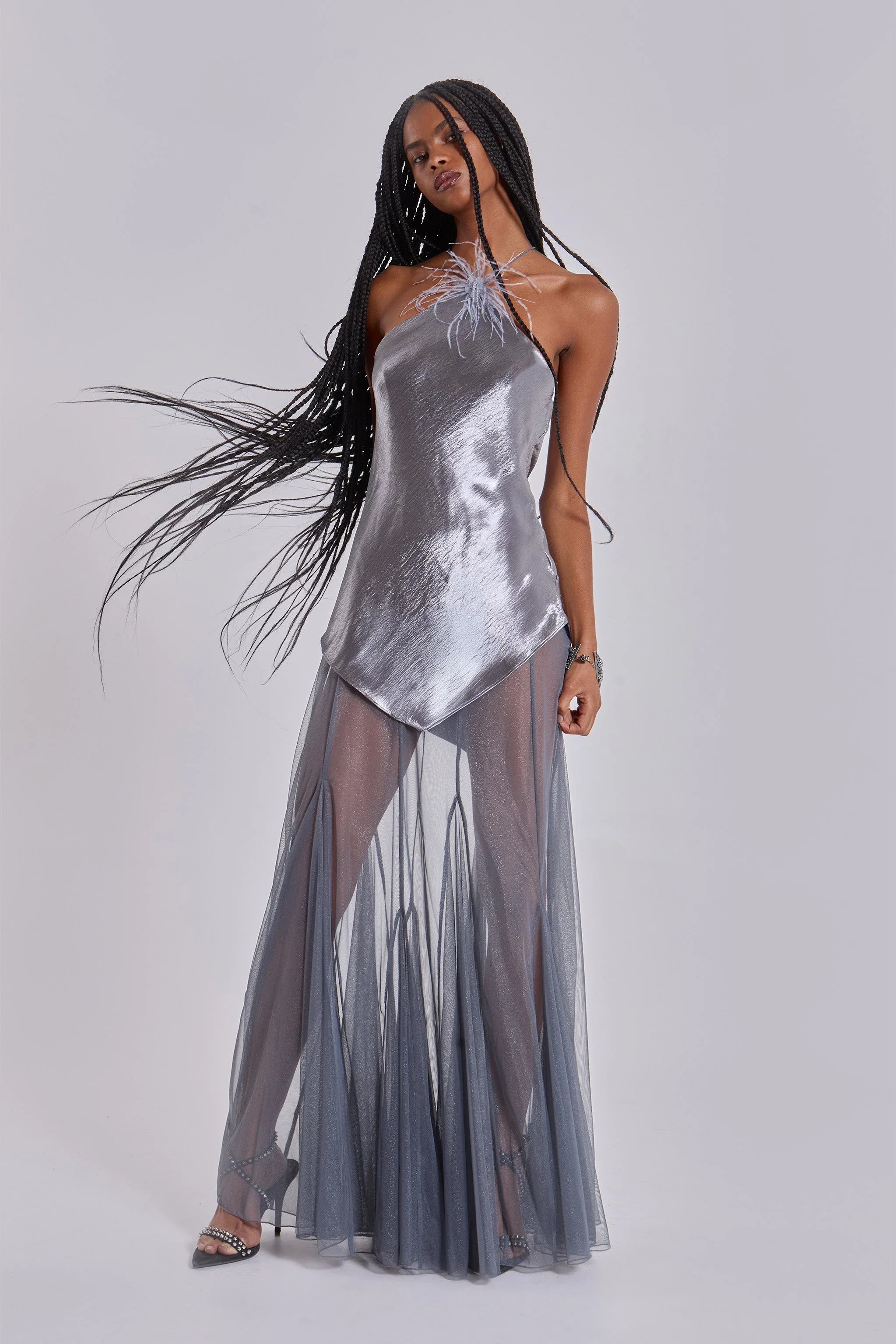 Talassa Maxi Dress with Real Feather