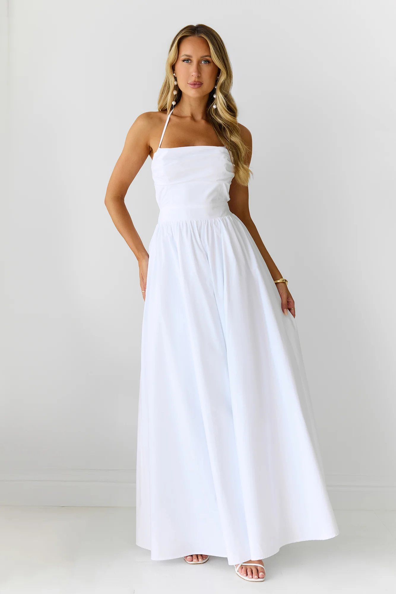 Feathered Snow Halter Maxi Dress White