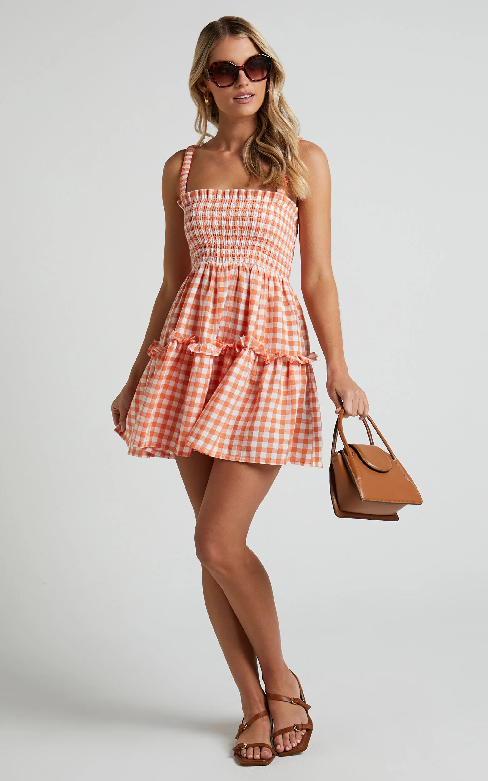 Wilda Mini Dress - Shirred Tiered Dress in Orange