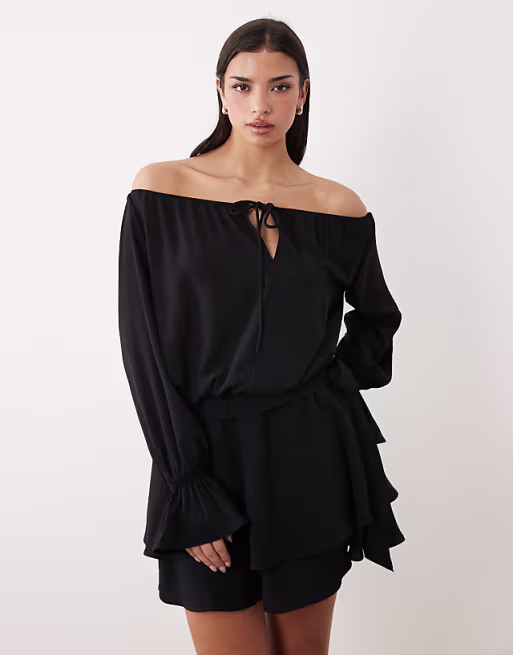 Gina Tricot off the shoulder long sleeve frill mini dress in black