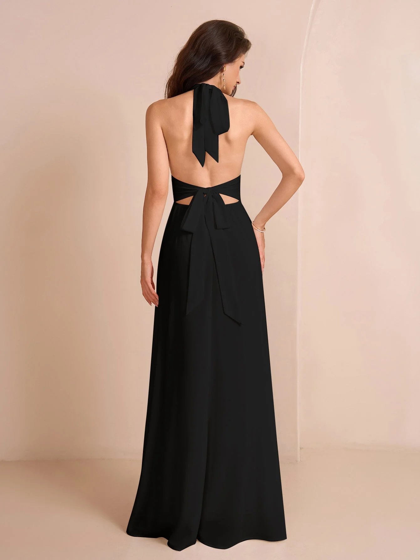 Deep V-Neck Halter Bow Tie Back Split Thigh Long Dress