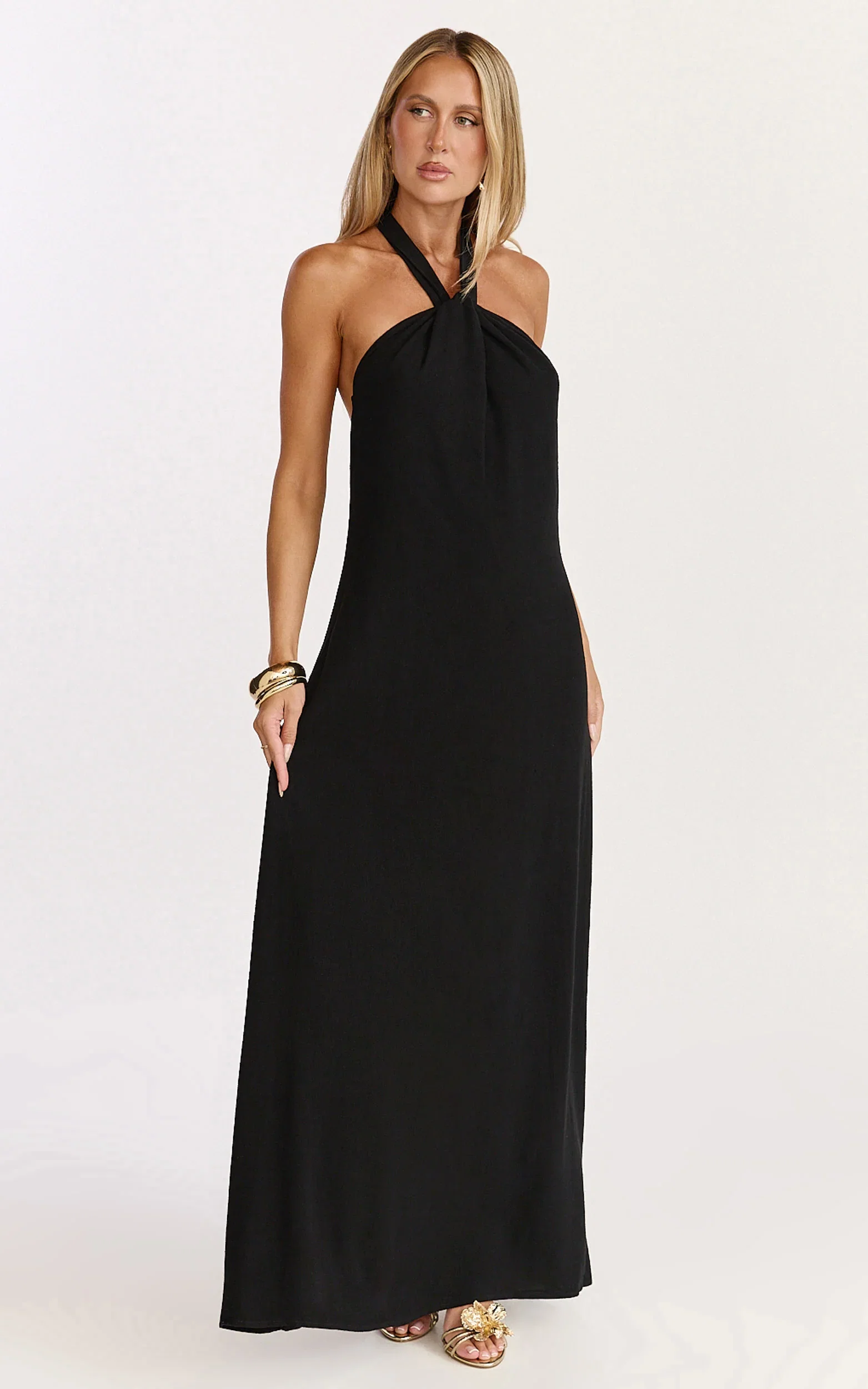 Hilda Maxi Dress - Knot Detail Halter Neck Maxi Dress in Black