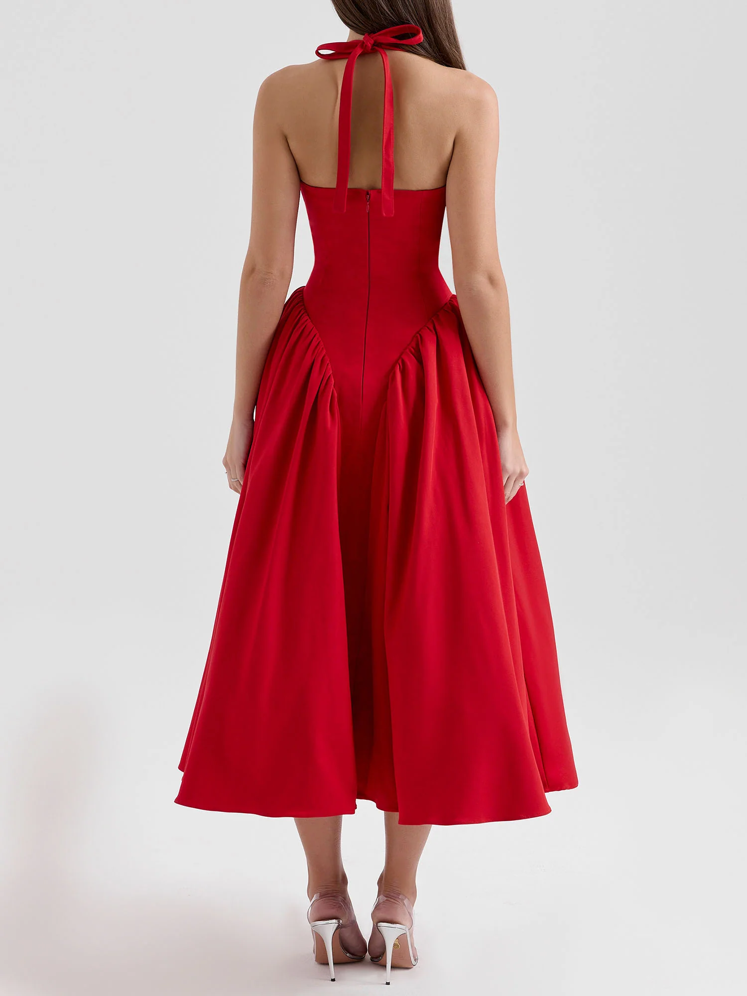 Pleated A-Line Halter Midi Dress