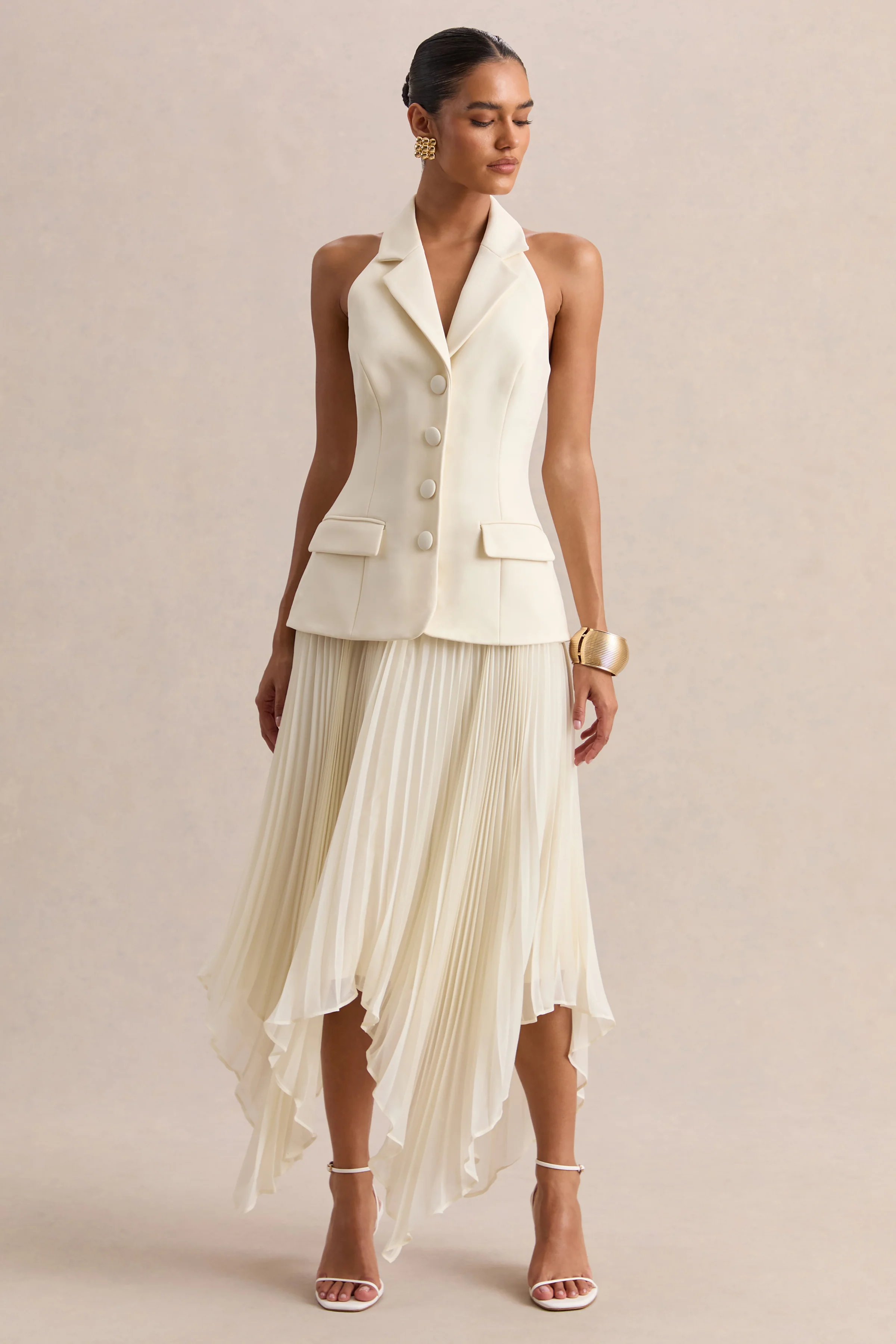 Marvelle | Cream Plunge-Neck Maxi Dress With Hanky Hem