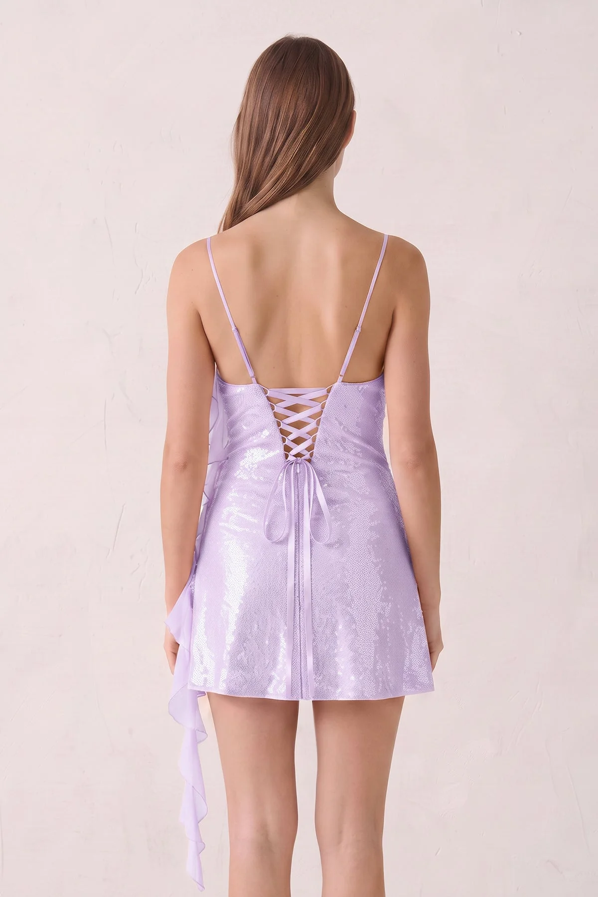 Pink Spaghetti Straps Sequin Ruched Ruffled Sheath Homecoming Dress