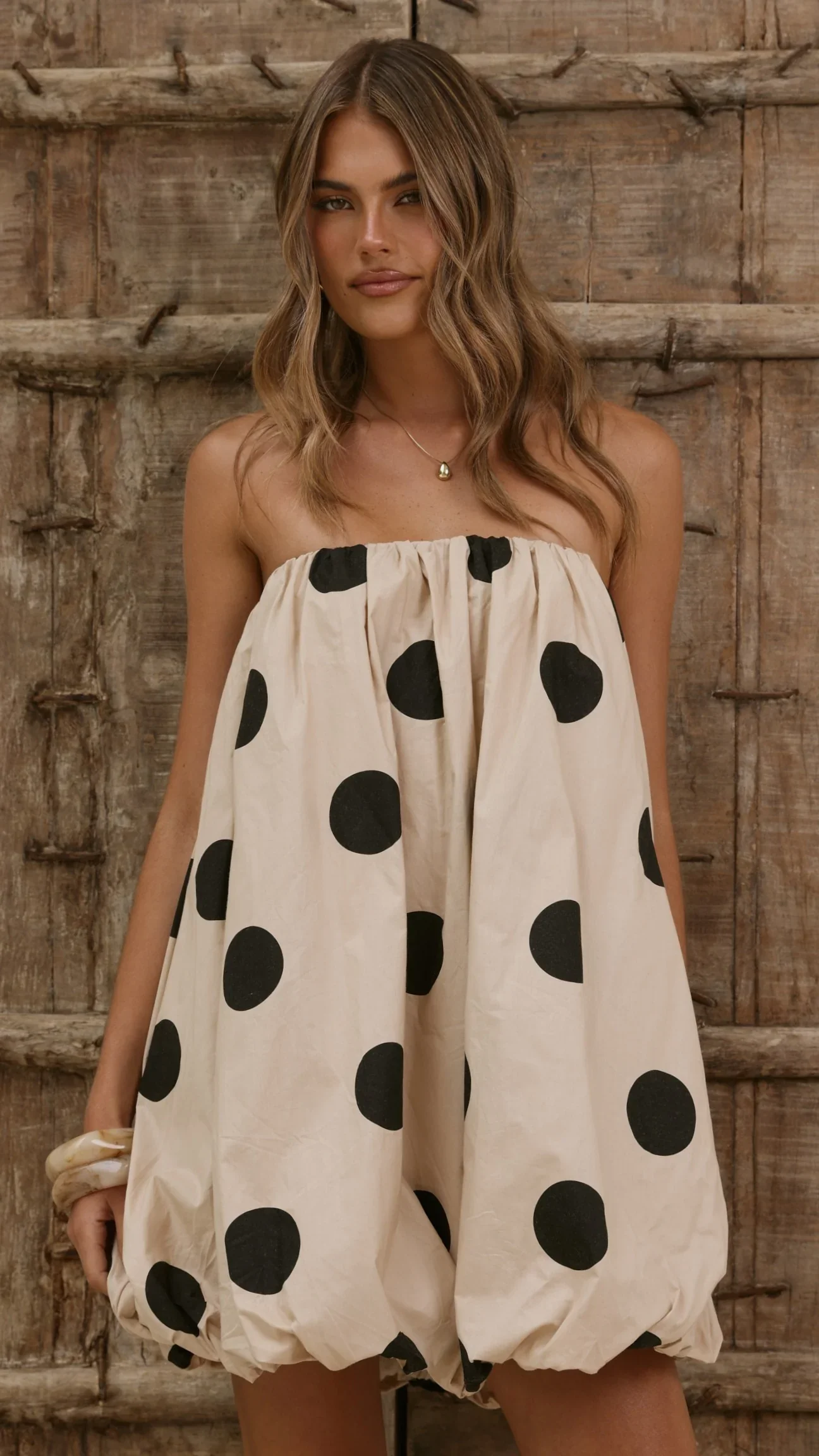 Everly Strapless Mini Dress - Oat/Black Polka