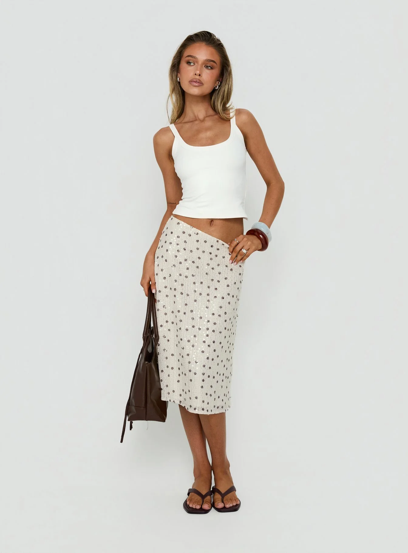 Olila Sequin Midi Skirt White Polka Dot