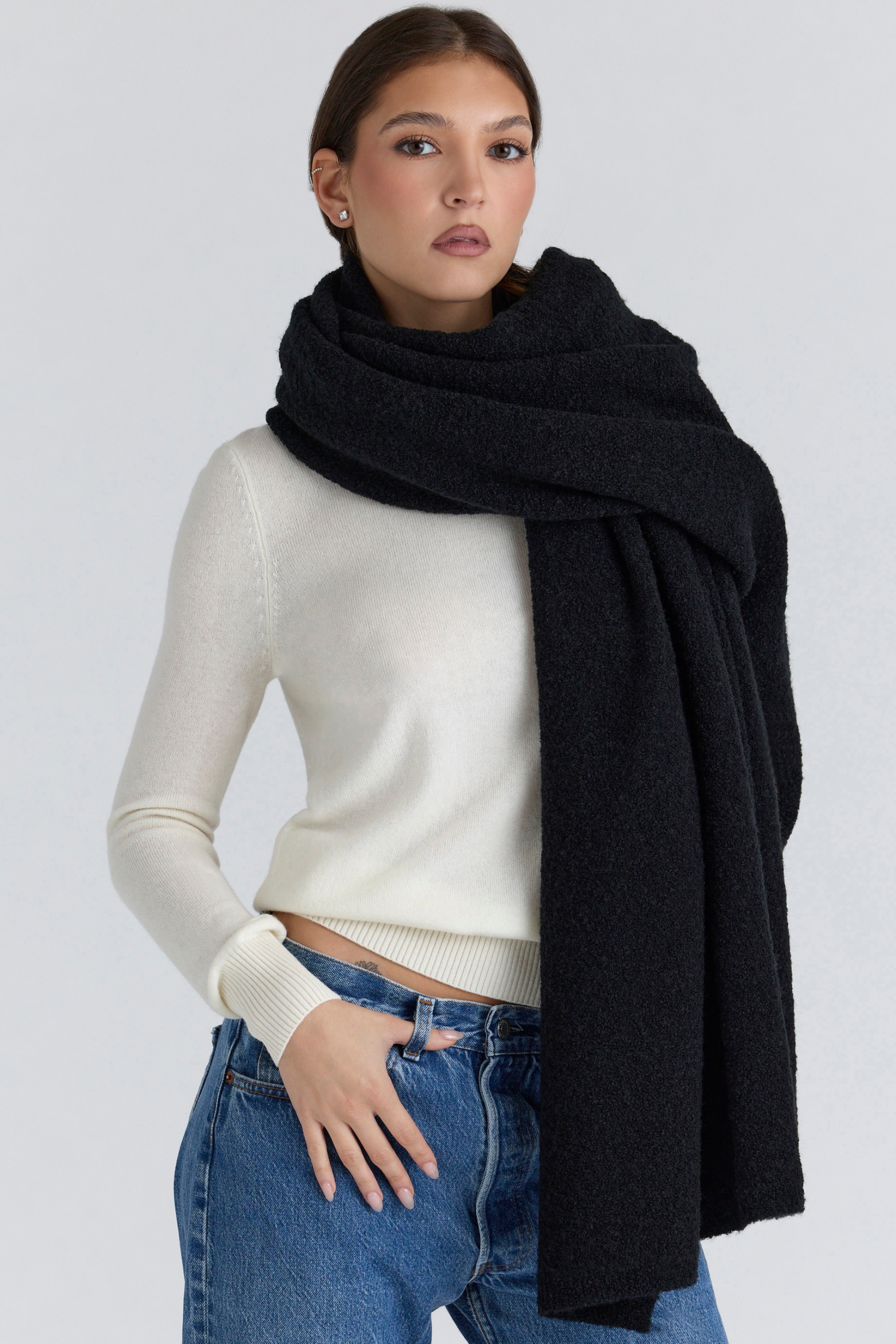 Black Wool Oversized Textured Scarf