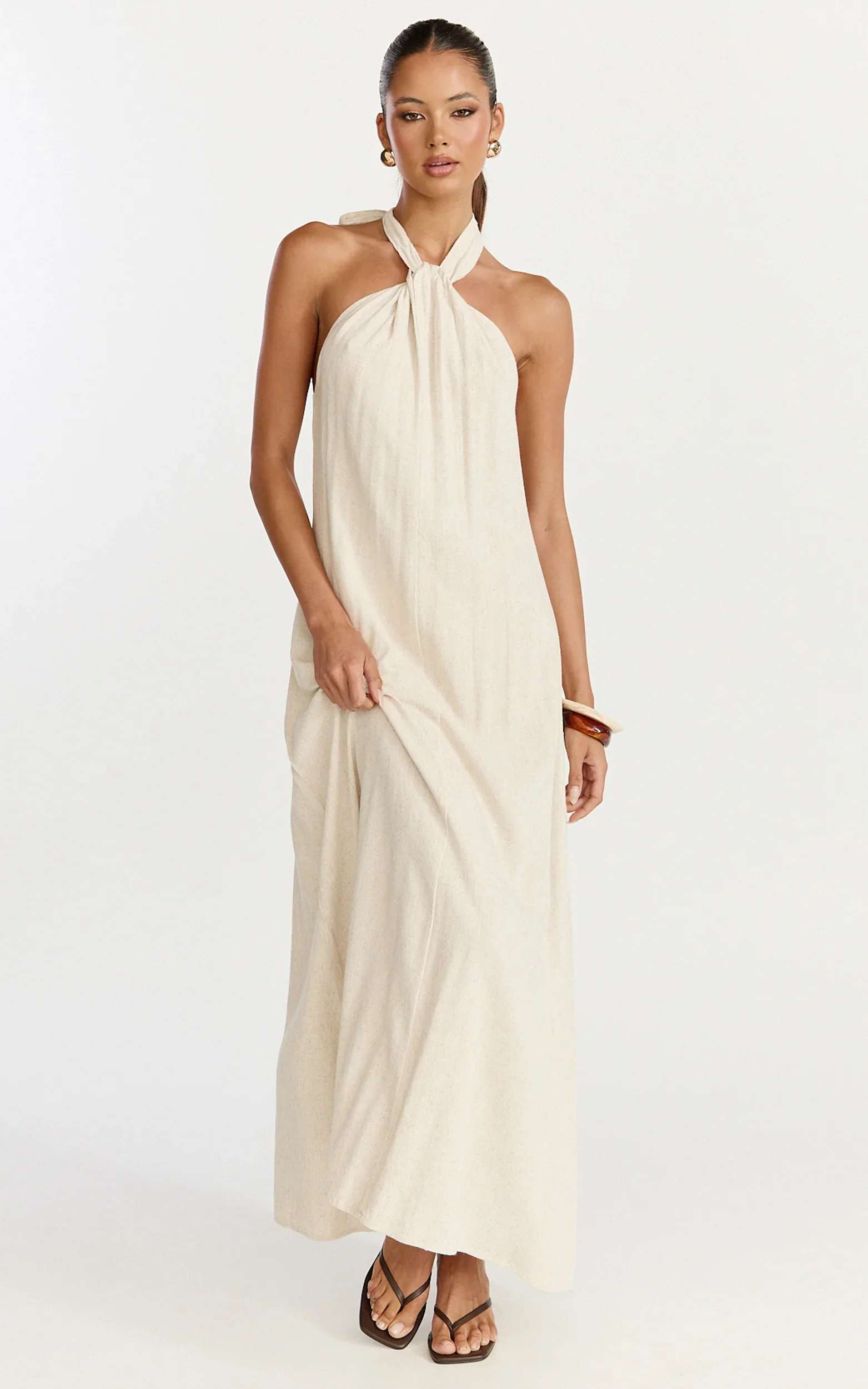 Hilda Maxi Dress - Knot Detail Halter Neck Maxi Dress in Natural