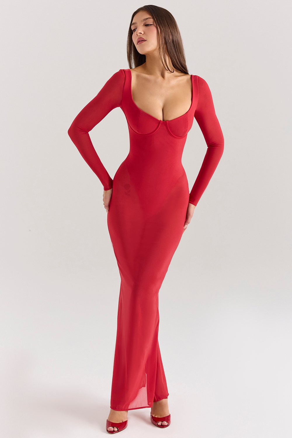 holly red mesh maxi dress with bodysuit