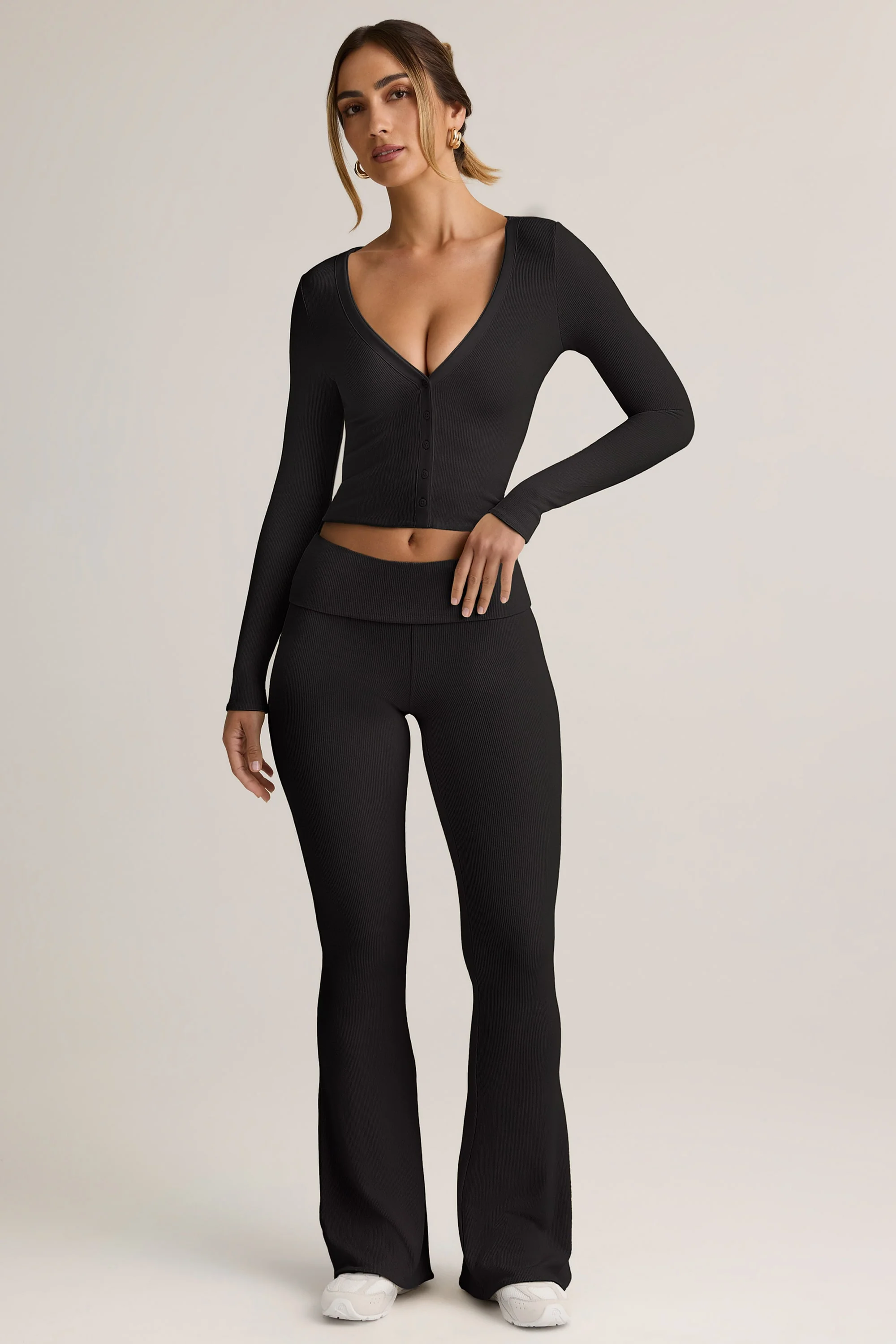 Modal Ribbed Foldover Flared Trousers in Black