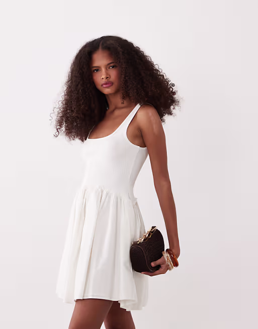 scoop ribbed bodice with poplin skirt mini dress in white