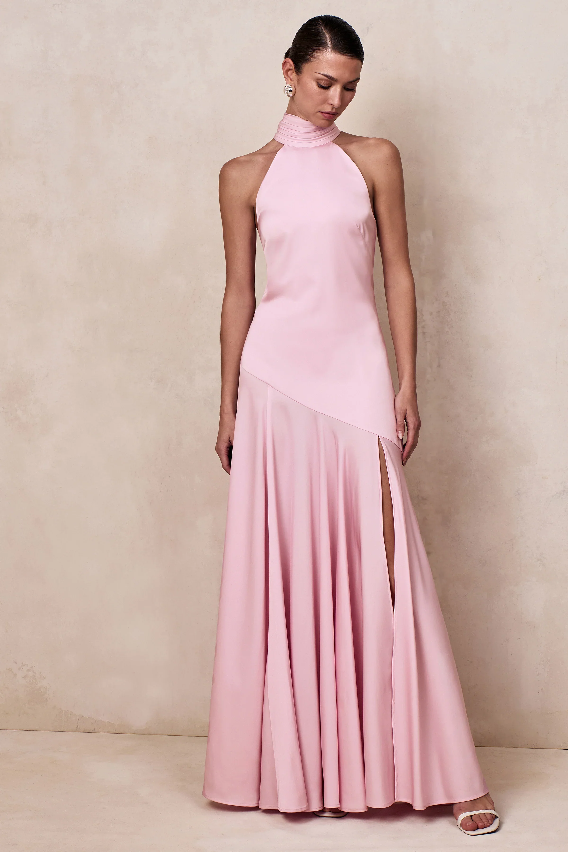 Luscious | Light Pink High-Neck Maxi Dress With Drop-Waist And Bow Detail