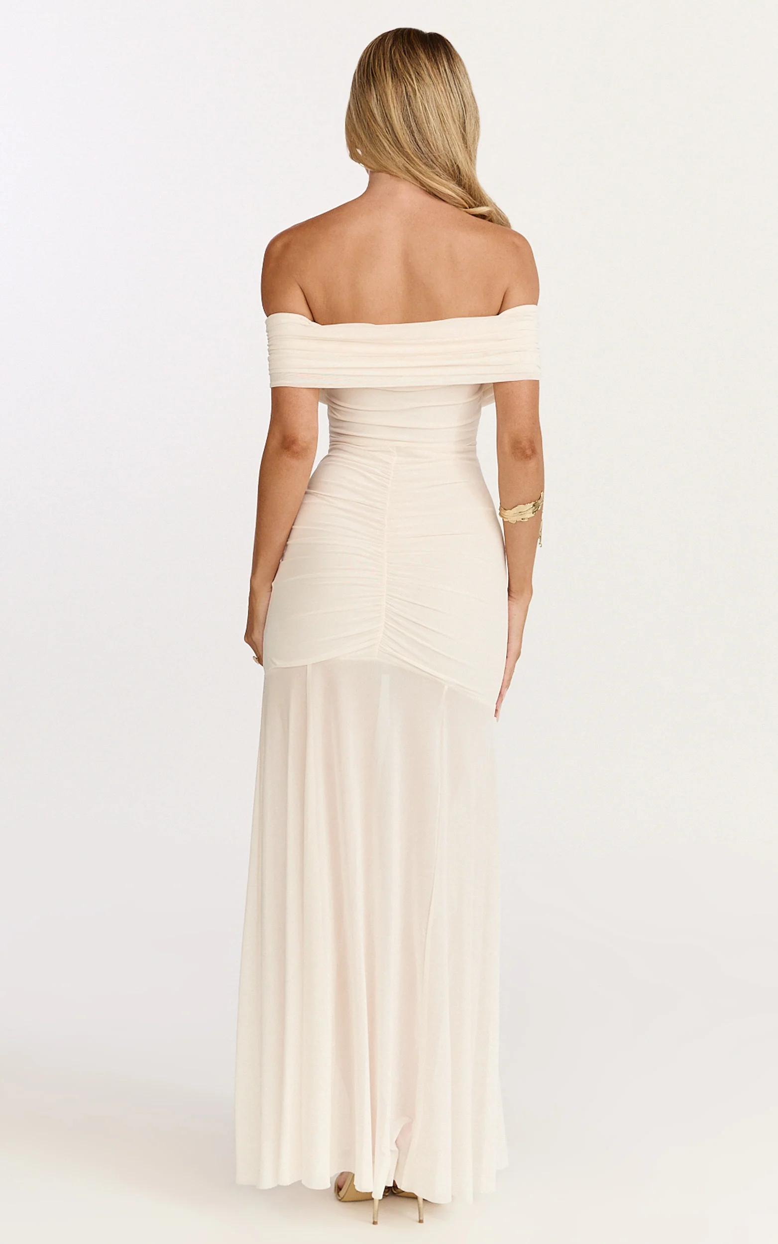 Alanna Maxi Dress - Off Shoulder Ruched Mesh Dress in Cream