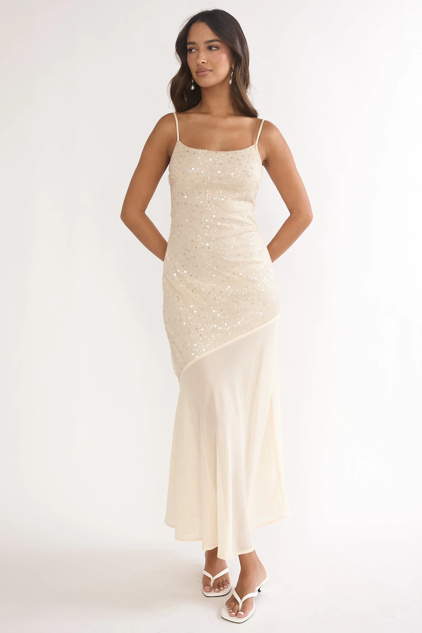Gilded Dream Chiffon Hem Maxi Dress Sequin Oyster
