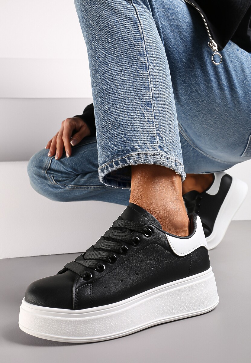 Biało-Czarne Sneakersy przed Kostkę na Grubej Podeszwie Arionn