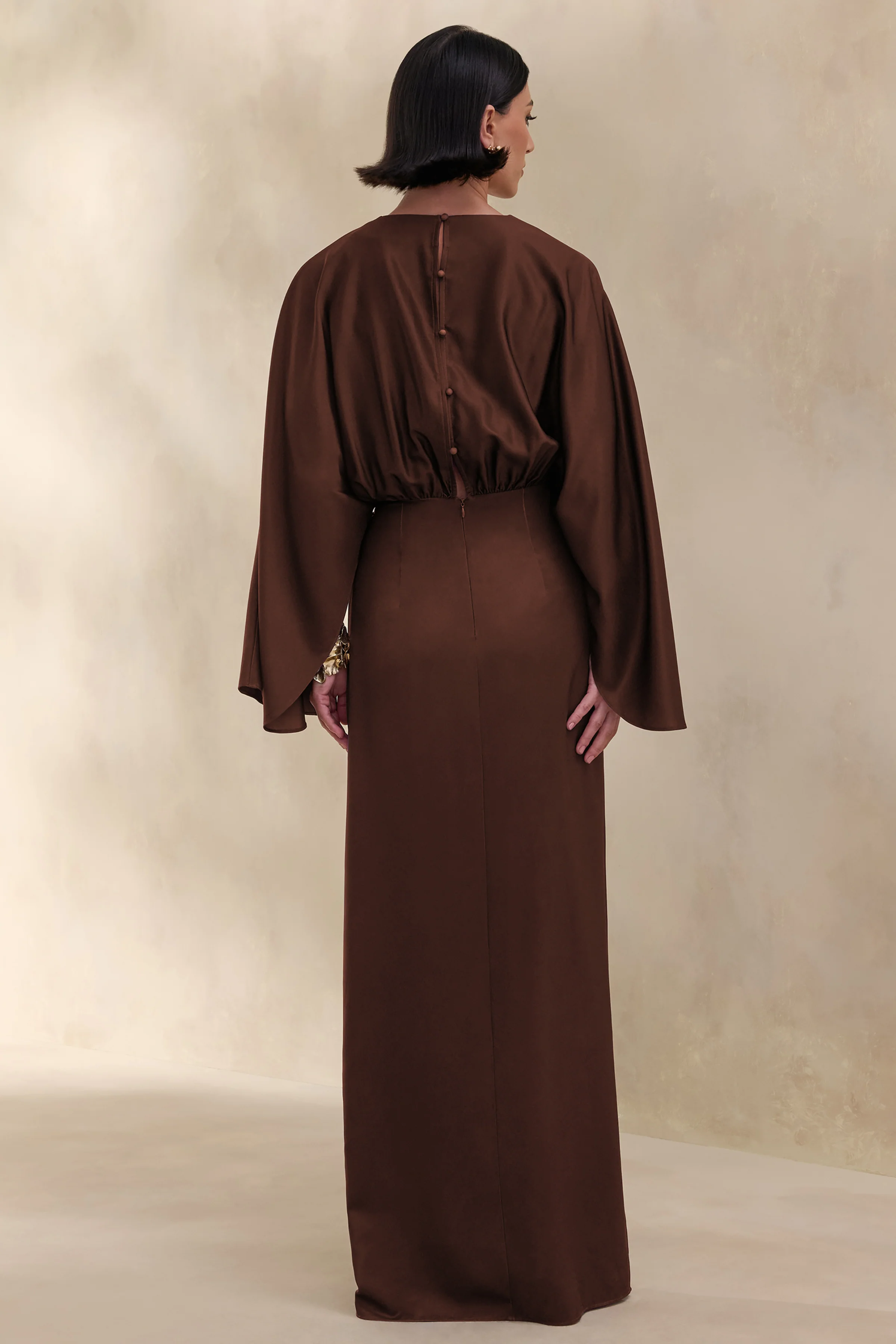 Delphina | Brown Satin Maxi Dress With Gathered And Knot-Detail