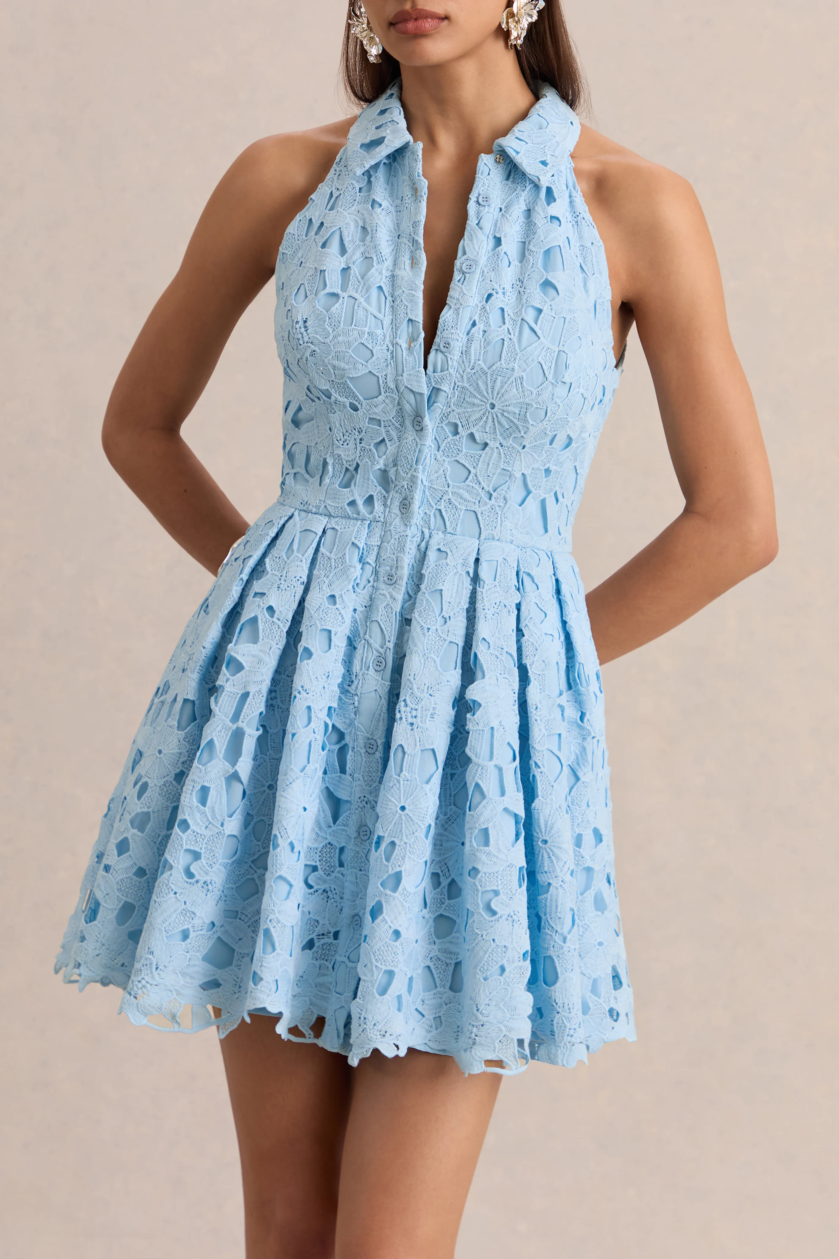 Milly | Powder Blue Lace Halter-Neck Mini Dress