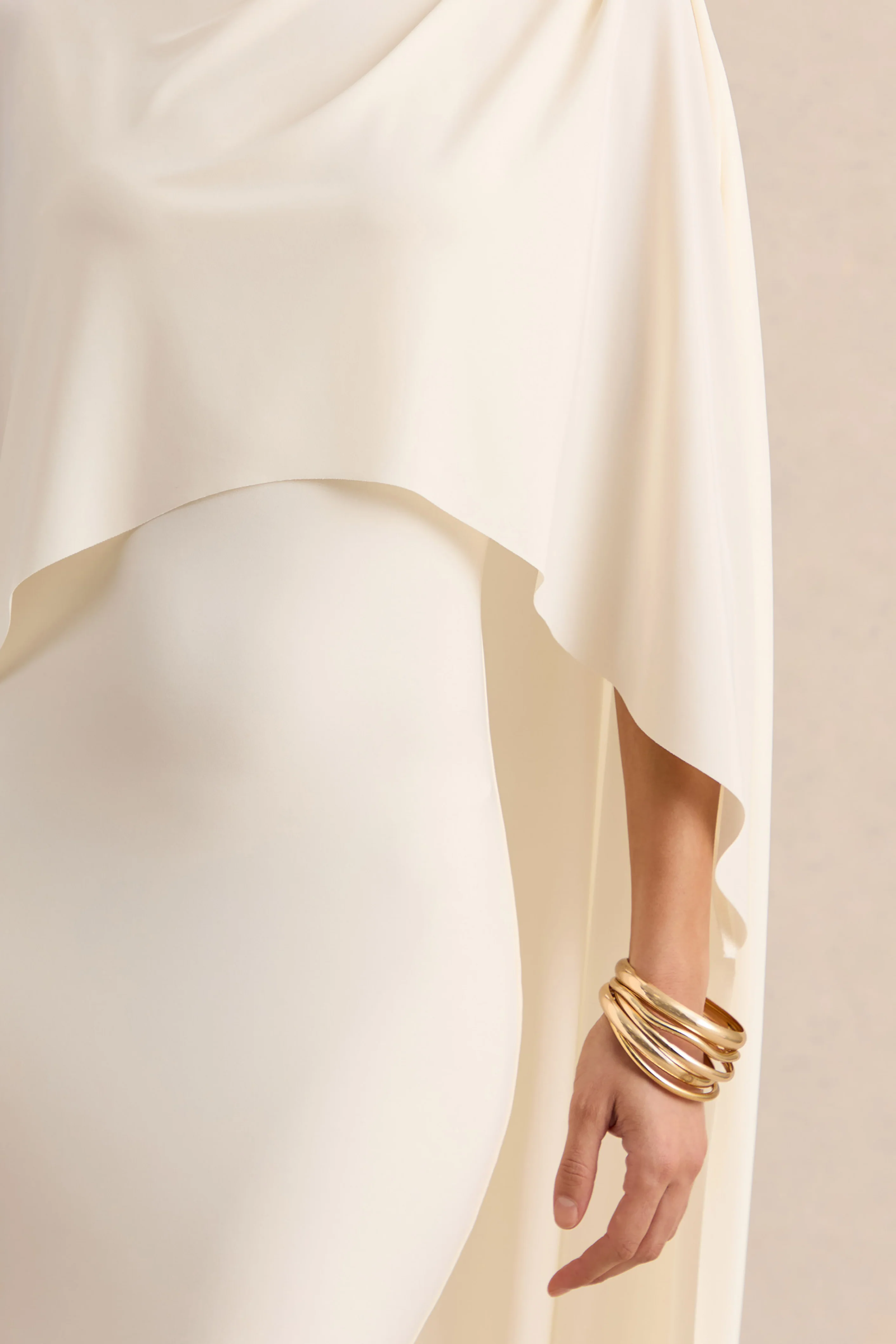 Luxalyn | Cream Round-Neck Midi Dress With Cape-Detail