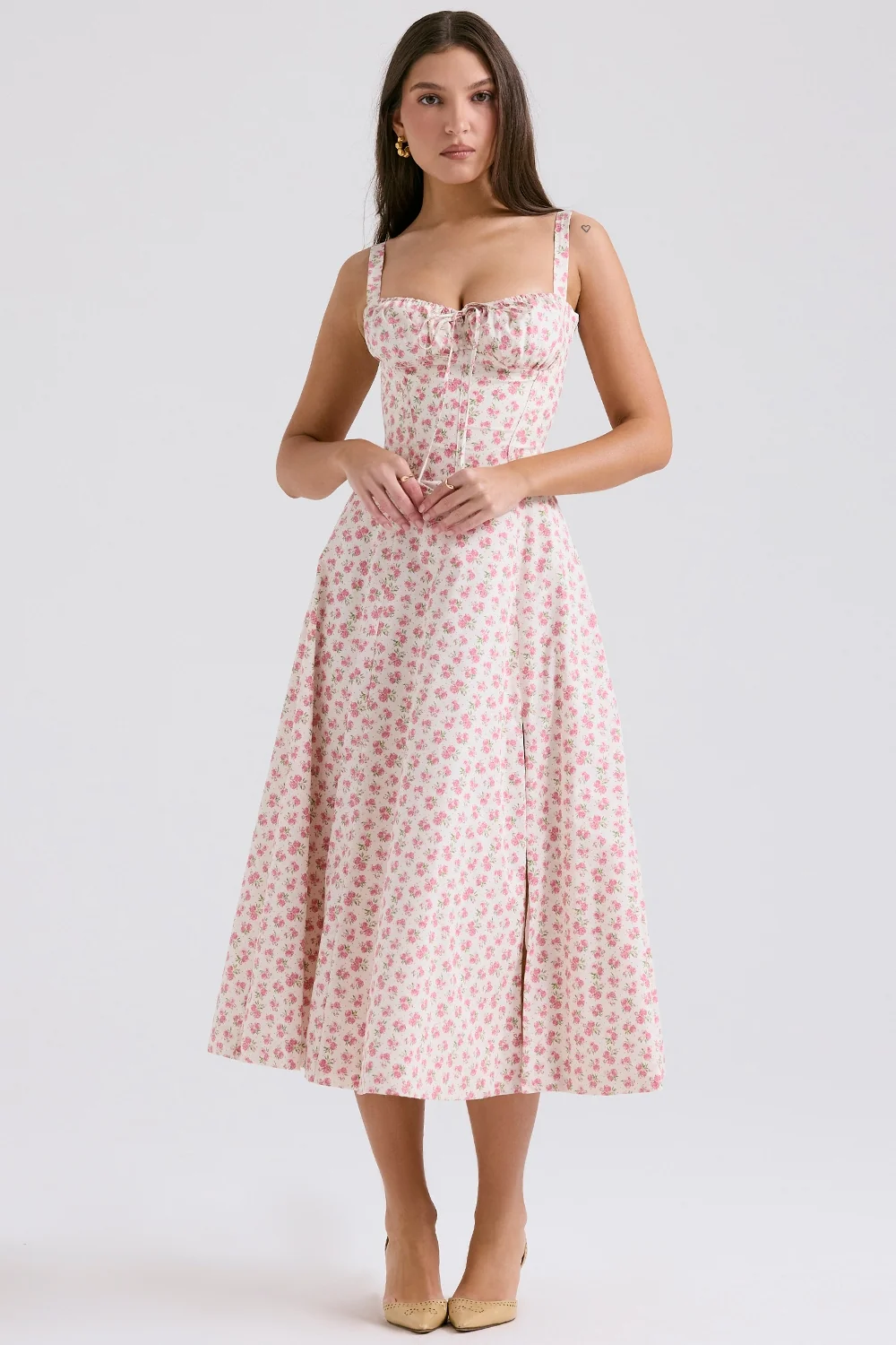 White Rosebud Print Cotton Bustier Sundress