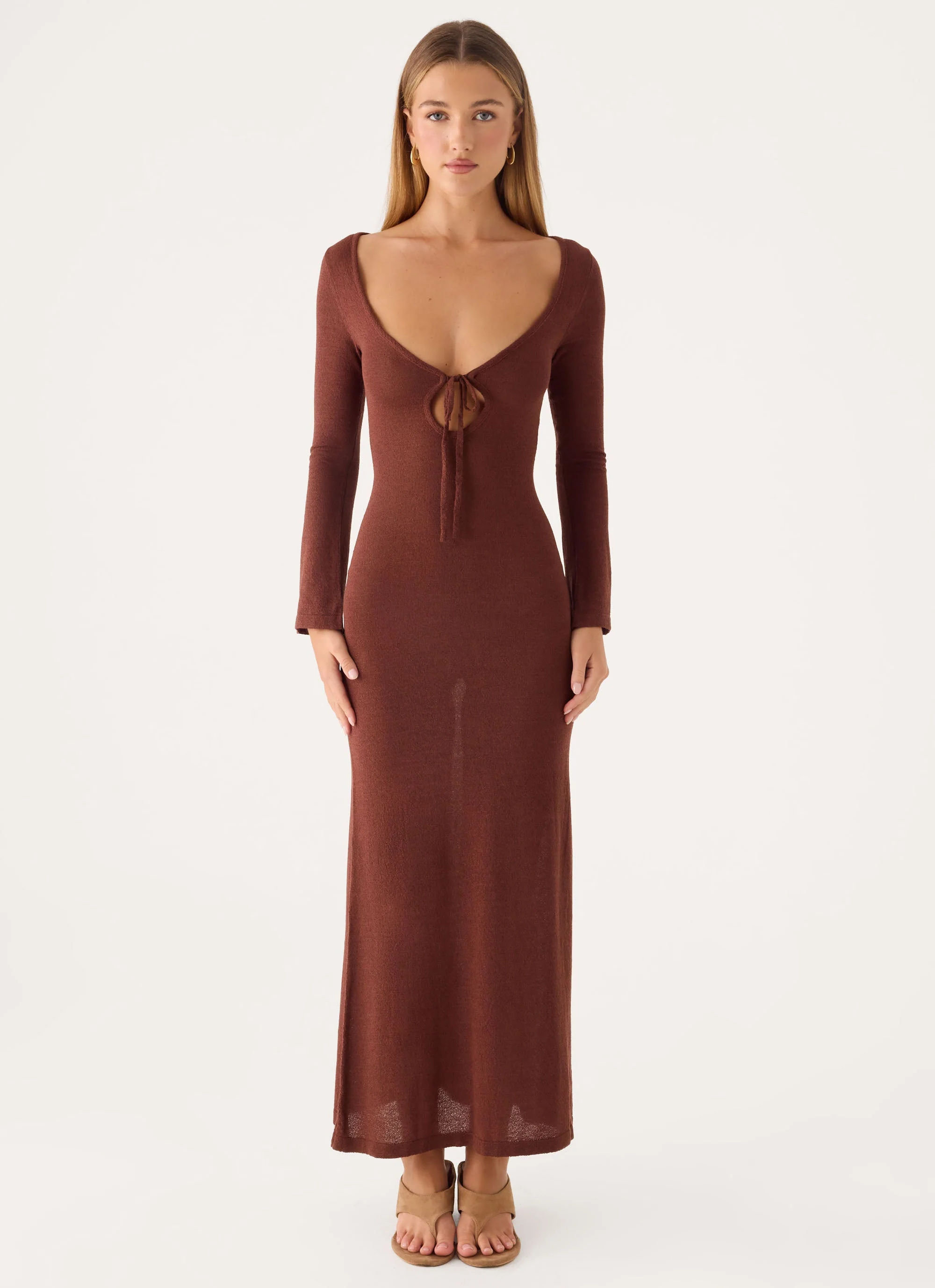 Amarise Knit Tie Front Maxi Dress - Chocolate