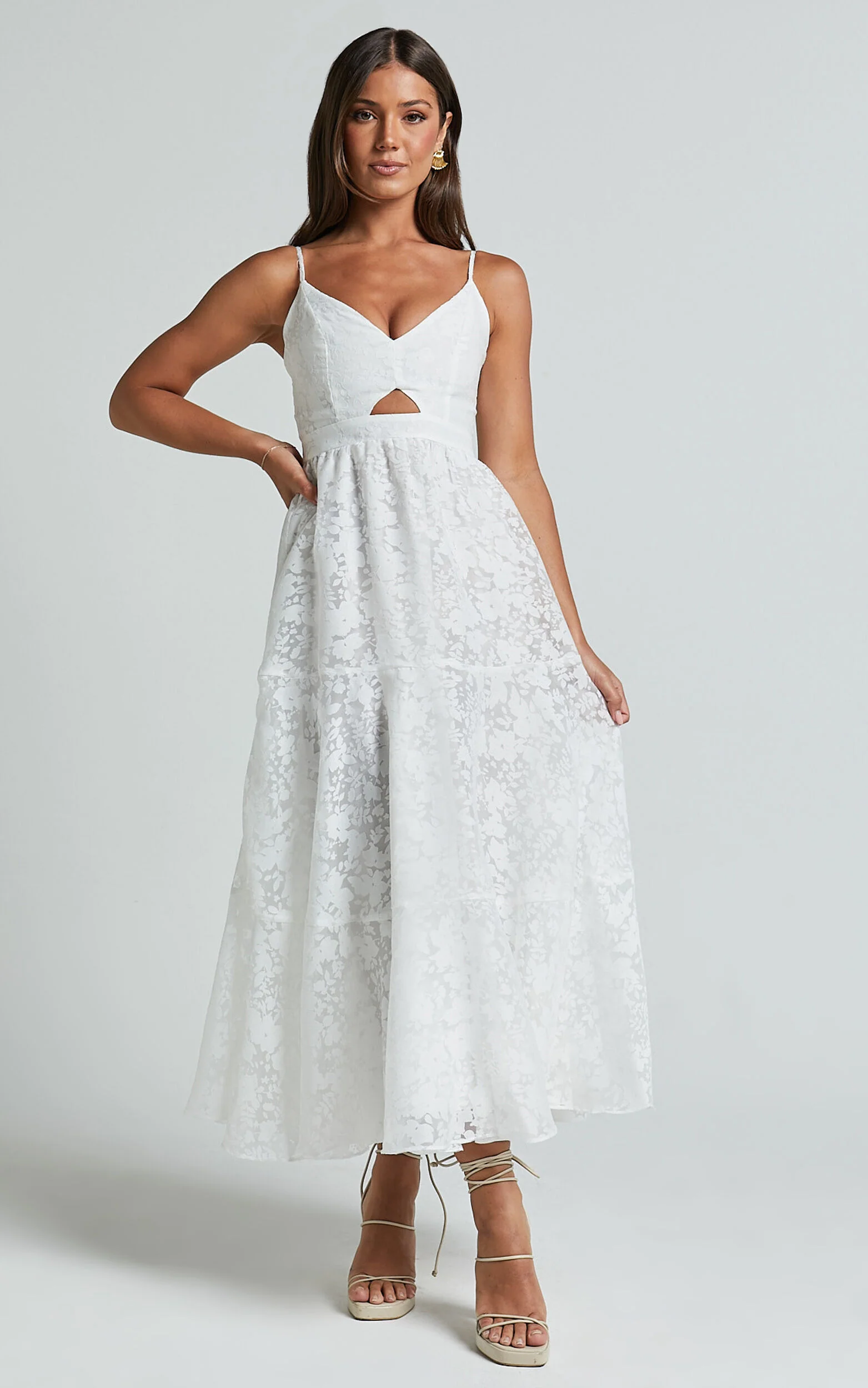Jorie Midi Dress - Strappy Front Cut Out Tiered Skirt in White