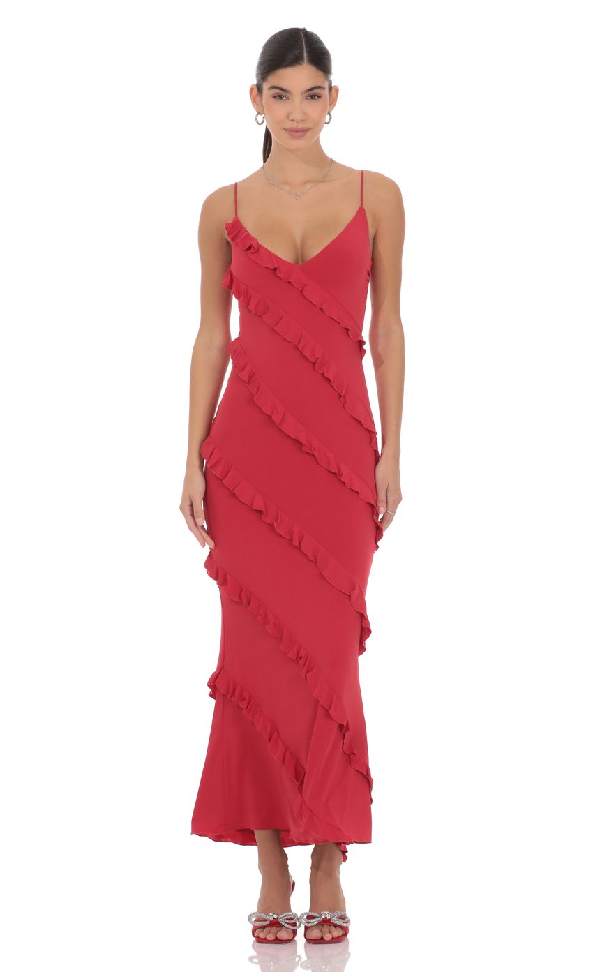 Ruffle V-Neck Maxi Dress in Red