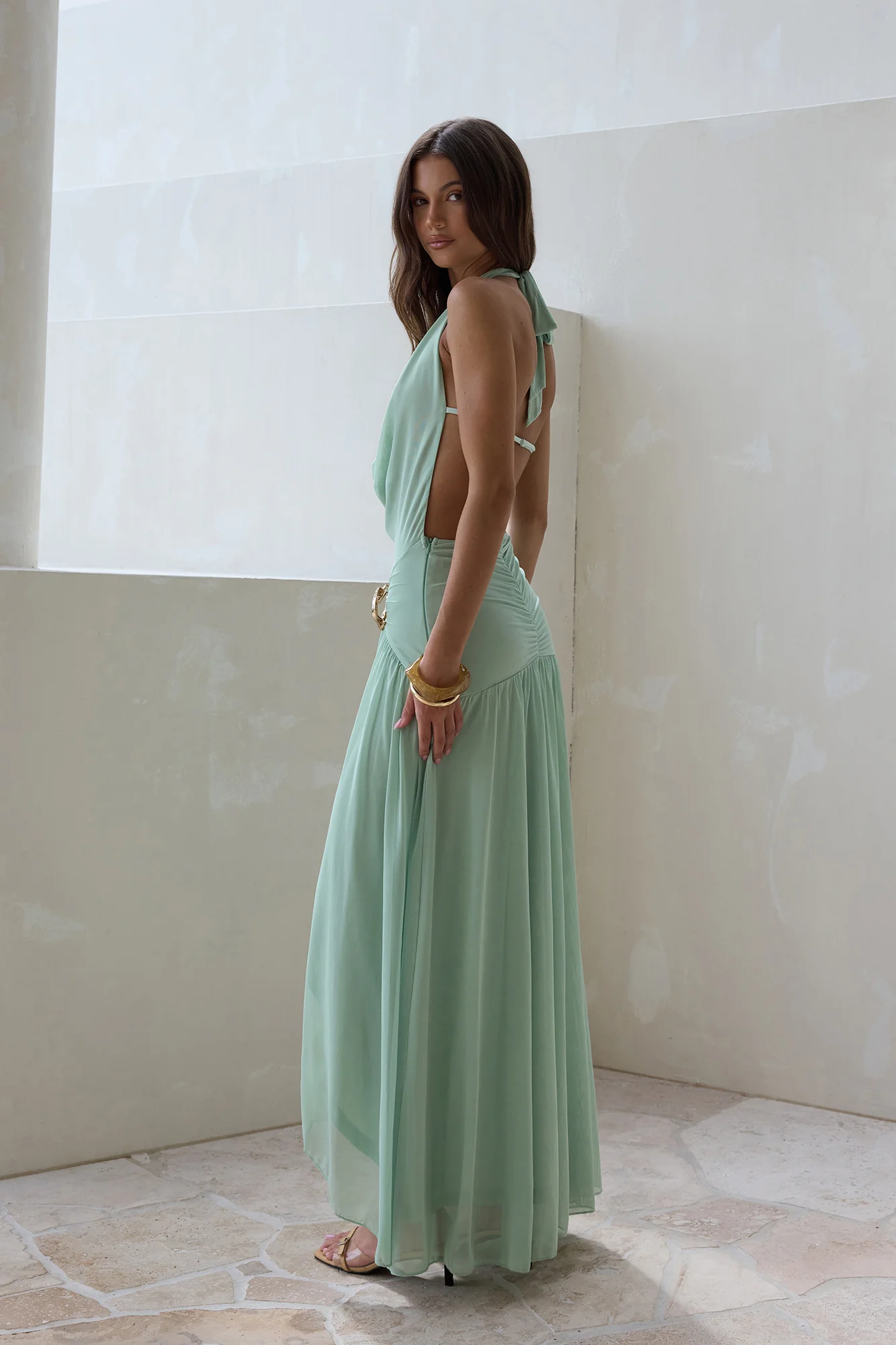 Floating Clouds Halter Mesh Maxi Dress Sage