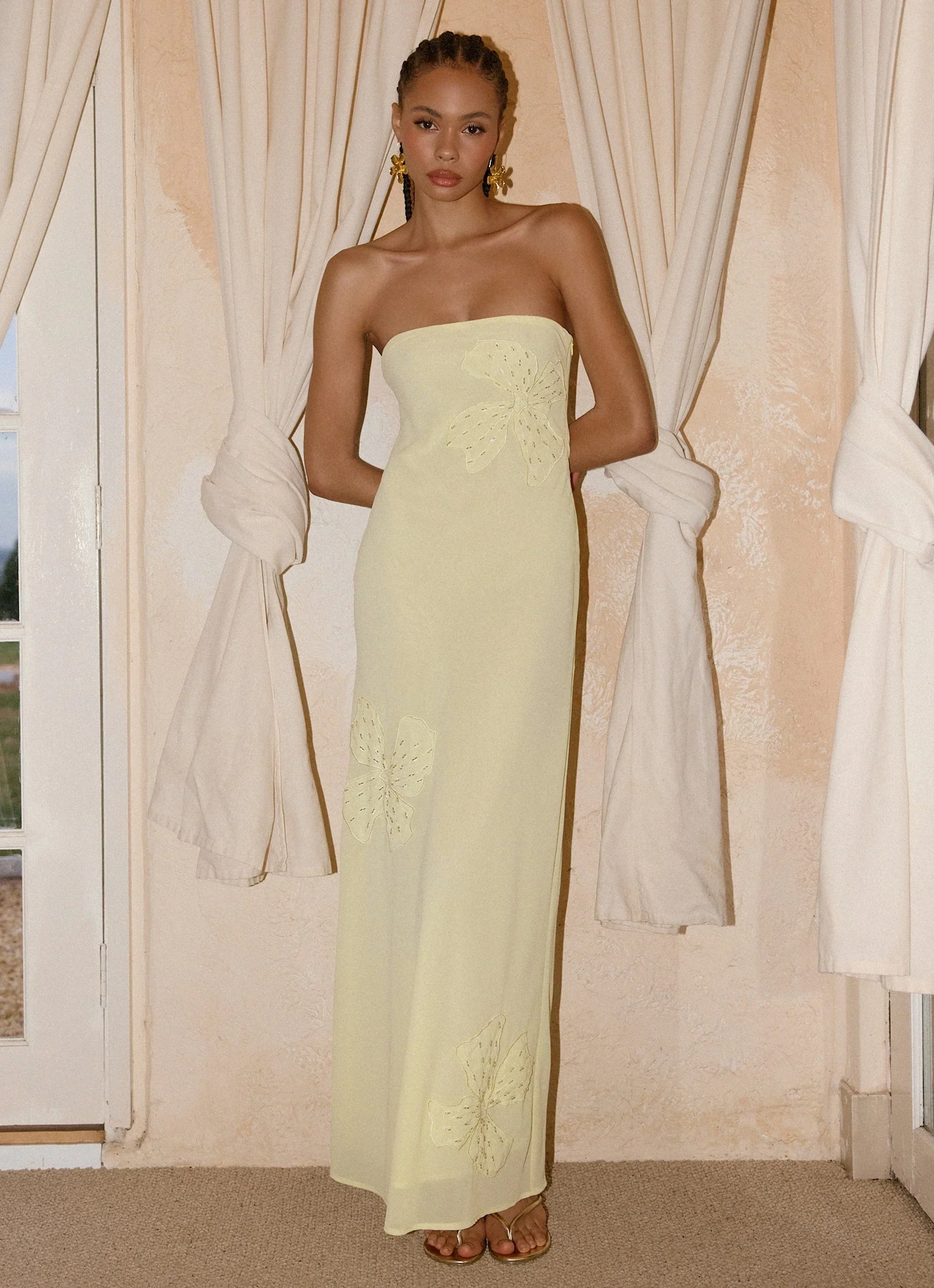 Sassafras Beaded Flower Strapless Maxi Dress - Yellow - luluinthesky