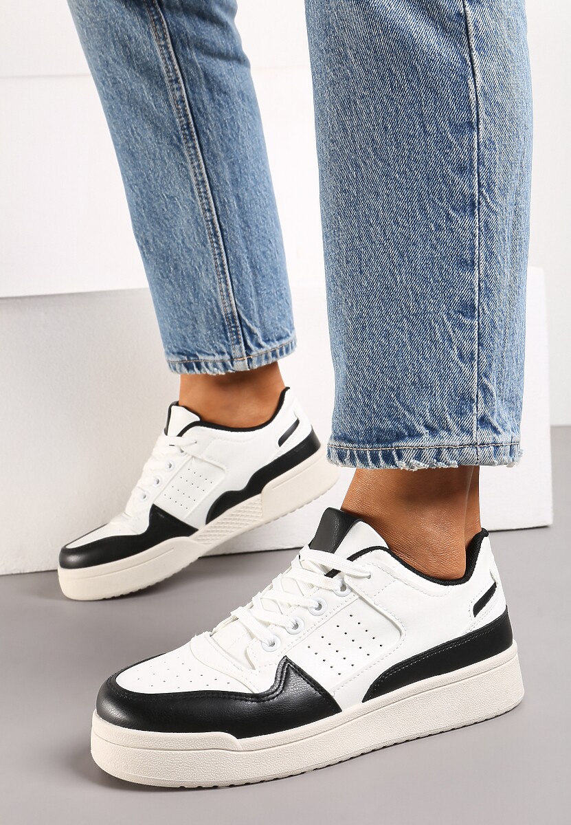 Czarno-Białe Sznurowane Sneakersy z Ekoskóry na Grubej Podeszwie z Ozdobnymi Łatkami Anaviria