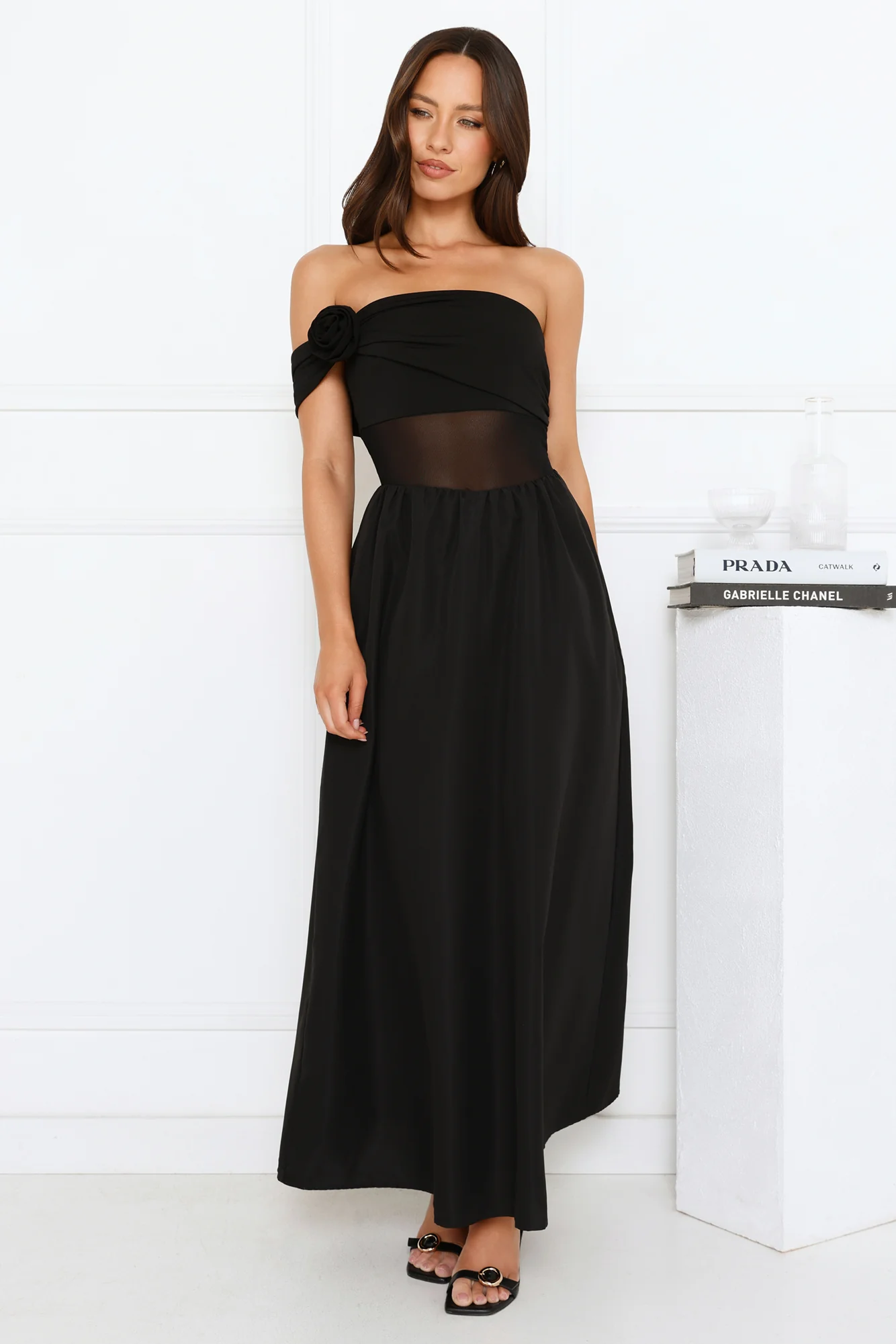 Luxe Whimsy Off Shoulder Maxi Dress Black