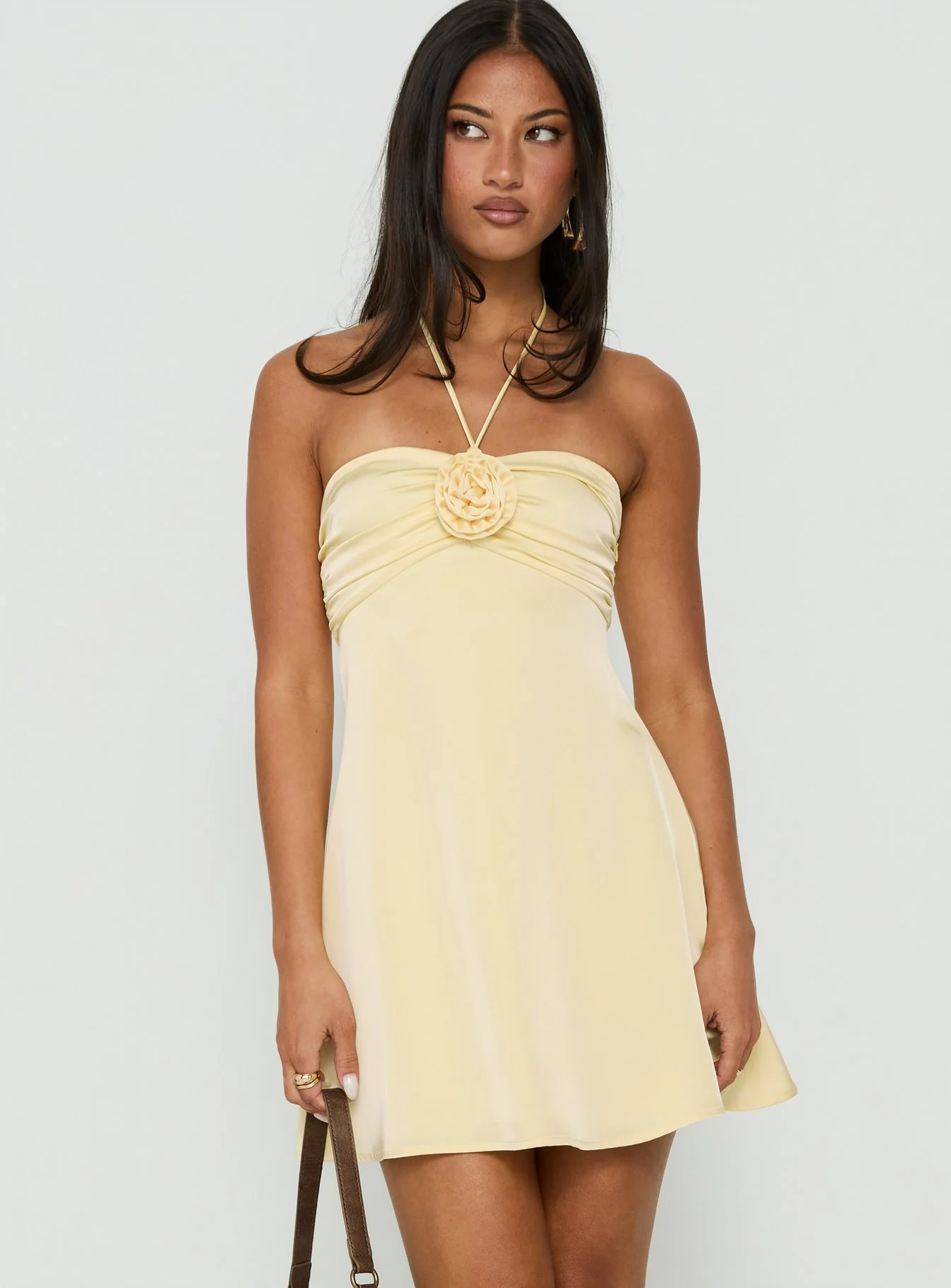 Analise Rosette Satin Halter Mini Dress Yellow