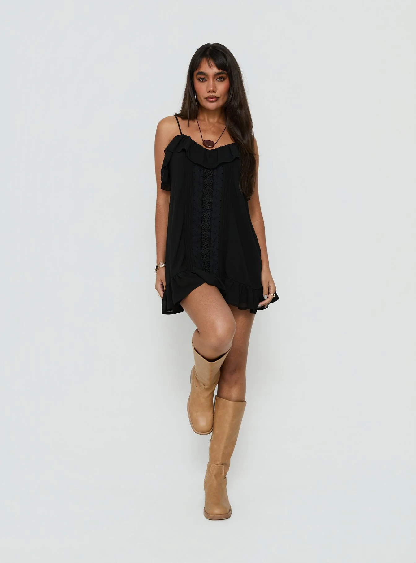 Somnielle Frill Lace Detail Mini Dress Black