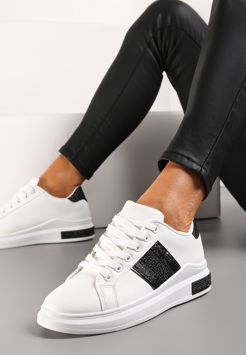 Biało-Złote Sneakersy z Metalicznymi Wstawkami i Cyrkoniami na Grubej Podeszwie Wirela